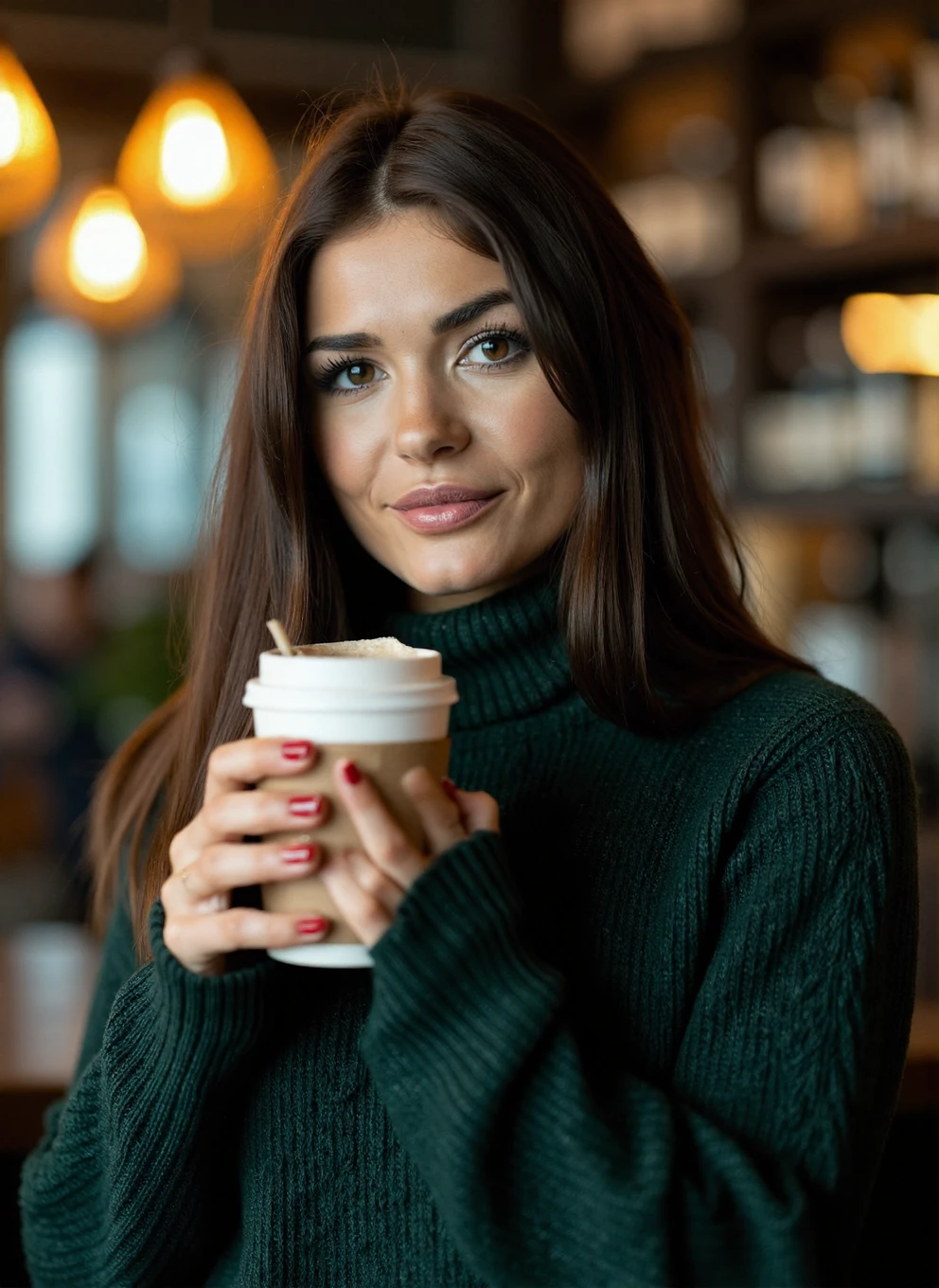 A professional photograph of a young woman, Ind1a_Reynolds, wearing a dark green cable-knit sweater, holding a latte in a cafe, detailed skin, bokeh, SFW <lora:India_Reynolds-000018:1>