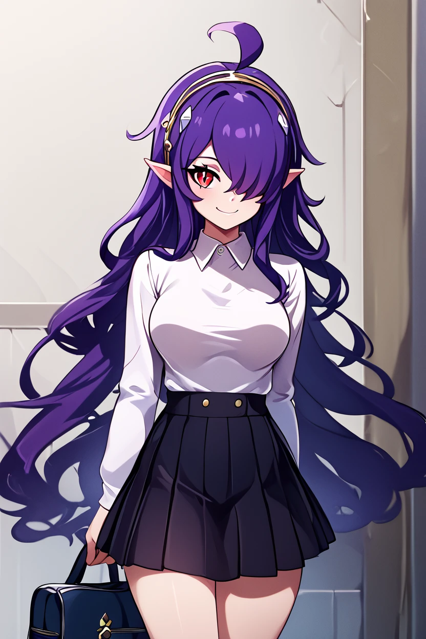 score_9, score_8_up, score_8, medium breasts, (curvy), cute, eyelashes,       ,,, , ,,, zzAsuramaru, long hair, pointy ears, hair over one eye, ahoge, red eyes, purple hair, very long hair, hairband, backless dress, dress slit, bridal gauntlets,  <lora:Asuramaru_OwariSeraph_PDXL:1.0>,  ,,,, BREAK, closed mouth, alternate costume, smile, looking at viewer, collared shirt, blush, sweater, black skirt, eyelashes, long sleeves, sleeves past wrists, plaid skirt, shoulder bag, black bag, blurry, tile floor, pleated skirt, white shirt, cowboy shot, ,,, embedding:zPDXL, Expressiveh, ,,, <lora:Vivid:0.7>, <lora:LFashionPDXL:1>, <lora:Uncensored_PonyXL_cpt_v02.09:0.4>, <lora:Expressive_H-000001:0.4>,