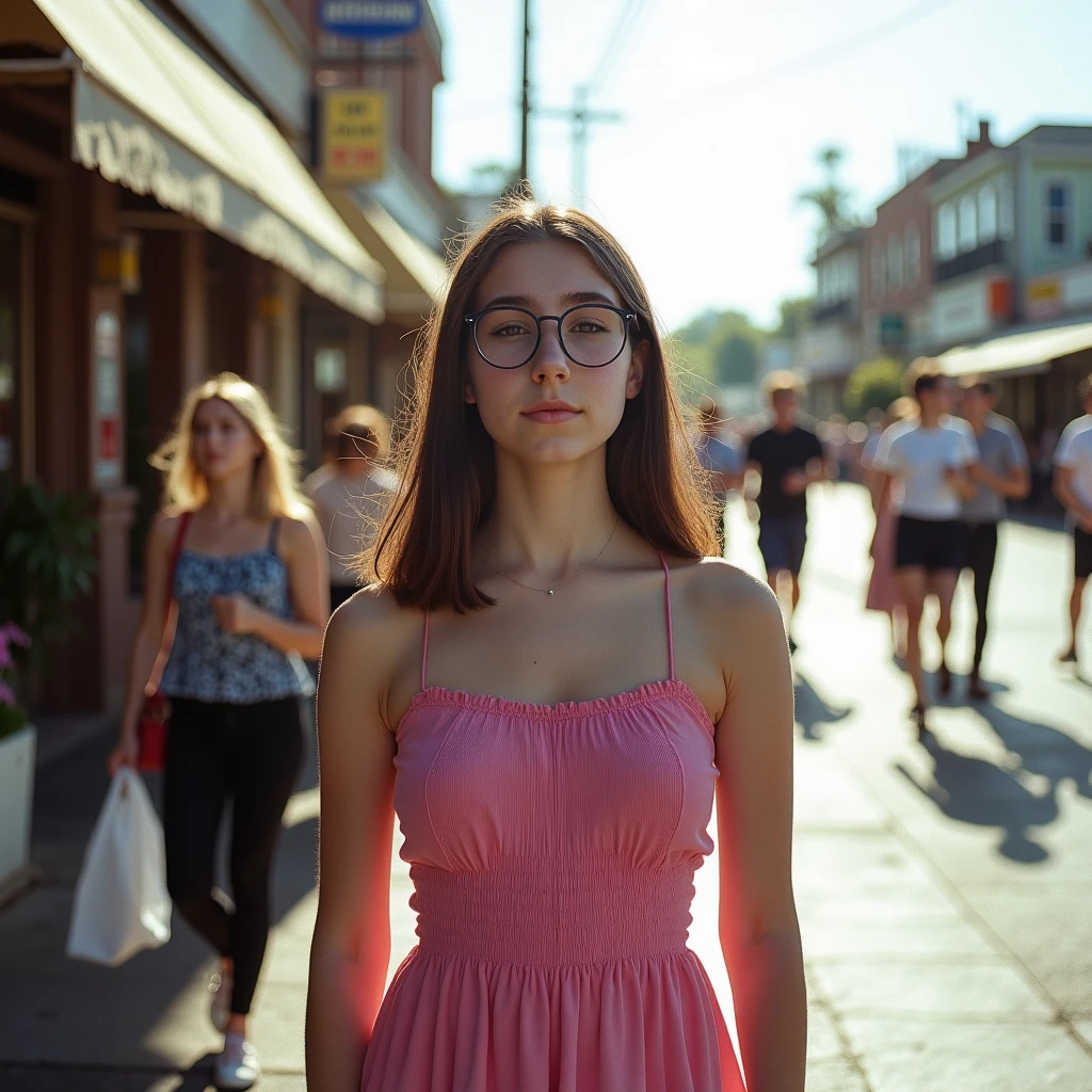 hfsuzy, glasses, Elegant Minimalistic Photography, 1990s, beautiful Finnish wearing a pink babydoll dress, busy LA street on a summer day, Natural Lighting, chaos, minimalist, close-up portrait photo, shot on Portra 400.