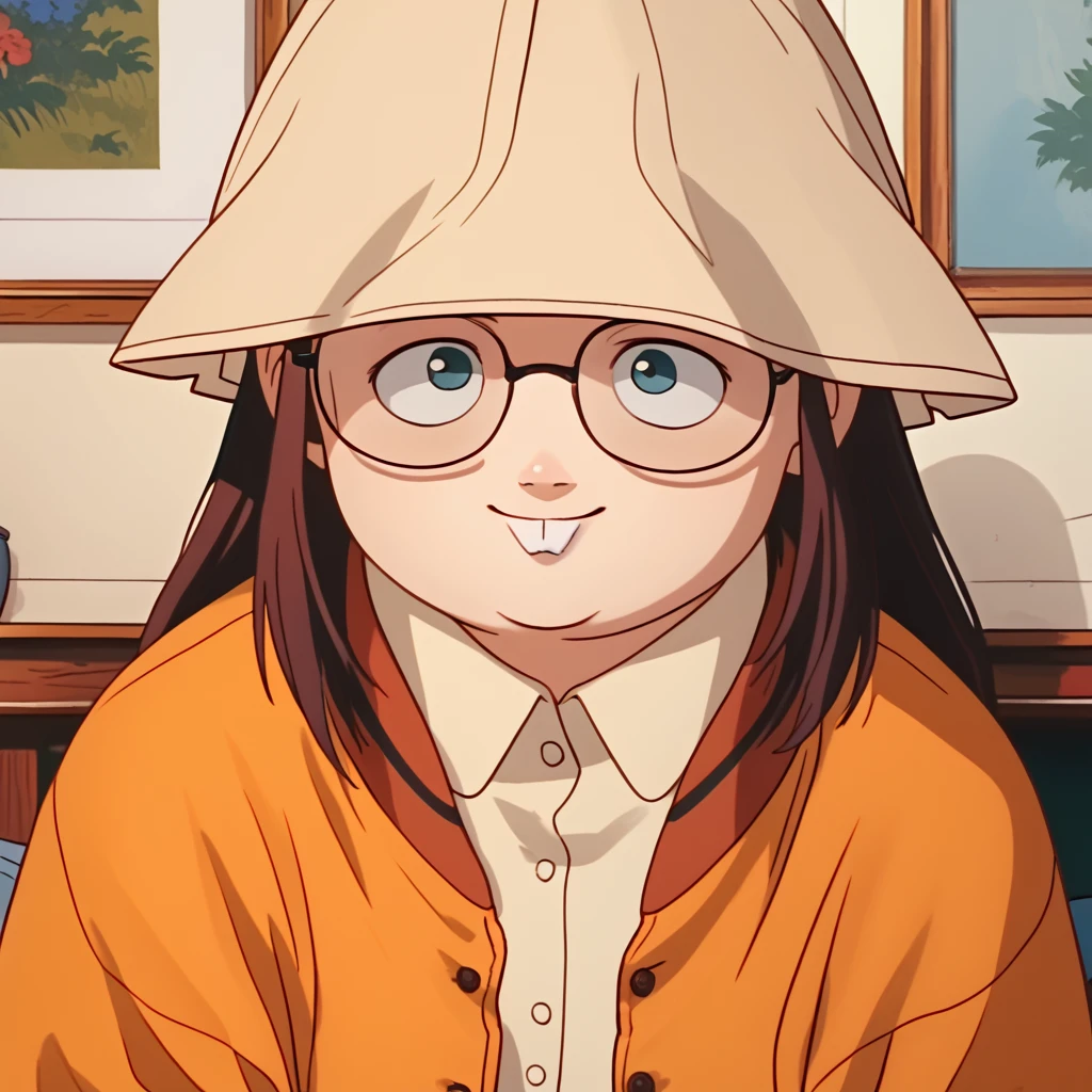 <lora:melody-000008:1> hxhsenritsu, 1girl, solo, smile, closed mouth, gnome, indoors, cloche hat, glasses, beige shirt, orange jacket, score_9, score_8_up, score_7_up, score_6_up, score_5_up, score_4_up