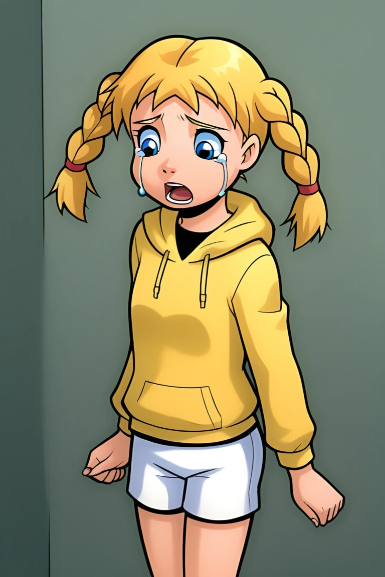 powerpack_katie, solo, yellow hoodie,white shorts,blue eyes, 1girl, blonde hair, braid, twin braids, open mouth, bodysuit, twintails, crying sad