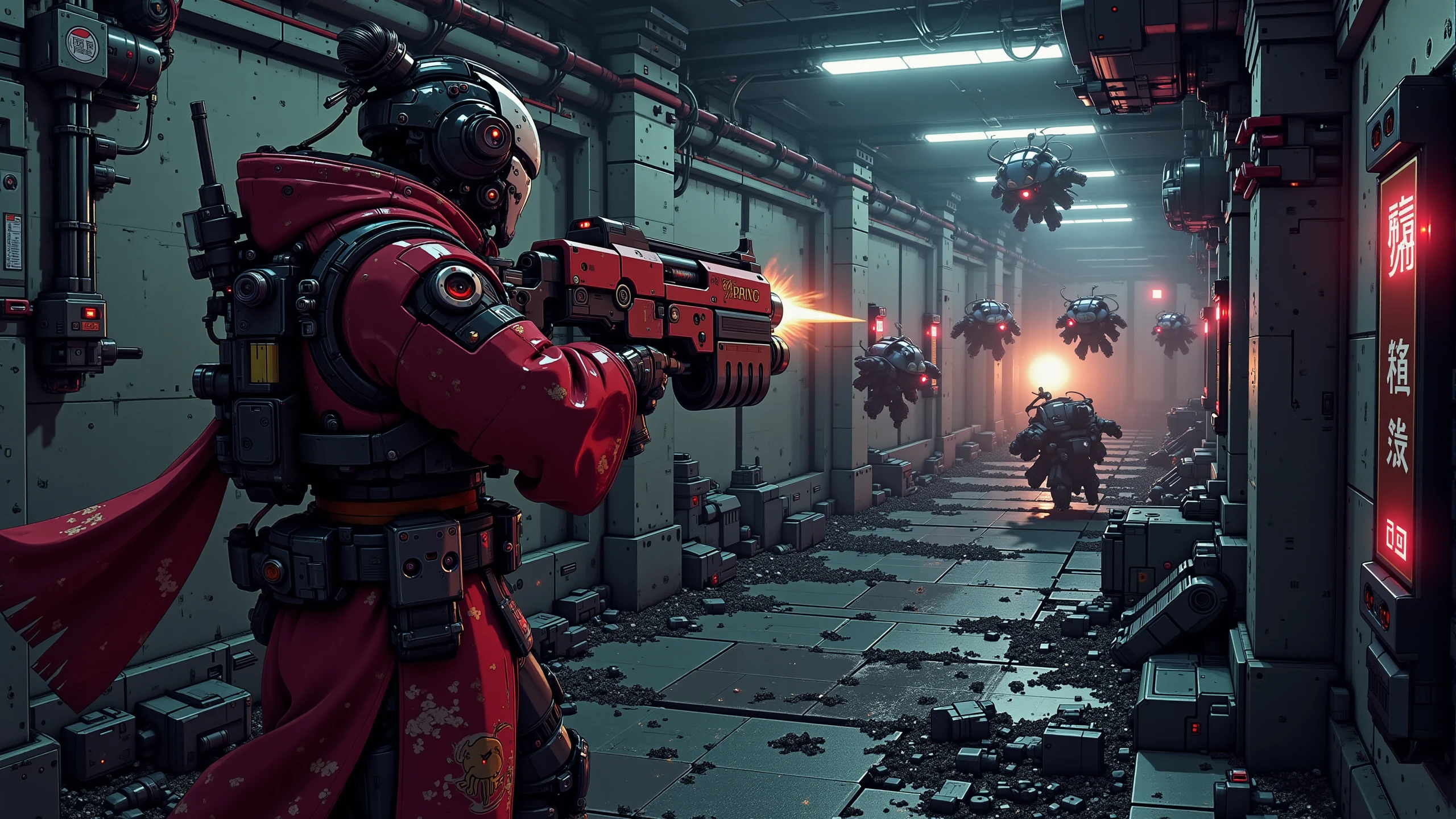 a woman wearing a futuristic kimono is shooting  a mad-gdwn-bltr gun at a swarm of insect monster jumping at her in a dark sewer tunnel, dynamic fighting stance, (dim red lighting:1.3), gun blast and explosions as the bullets hit <lora:Bolter_Godwyn_FLUX:0.8>  <lora:ck-nc-pastel-cyberpunk:1.2>