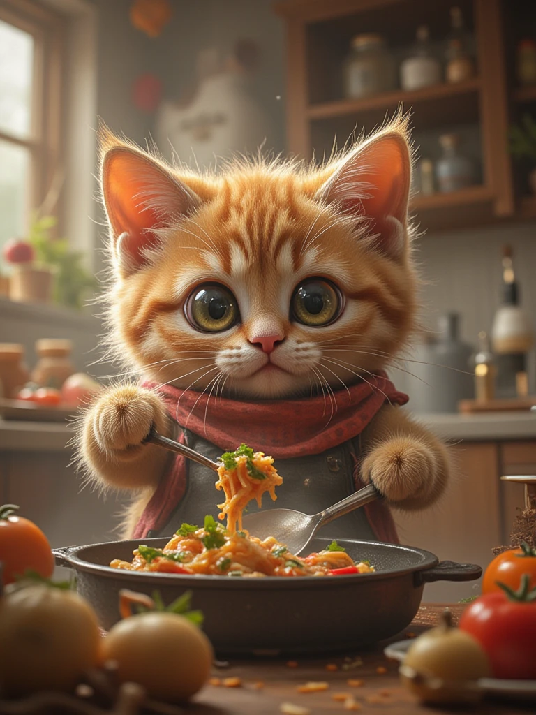 cg,cute cat is cooking dinner in the kittichin, photo style,