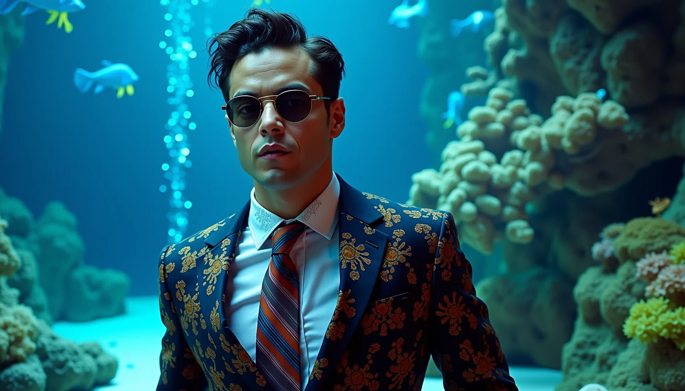 Rami Malek dressed up near his Piranja aquarium