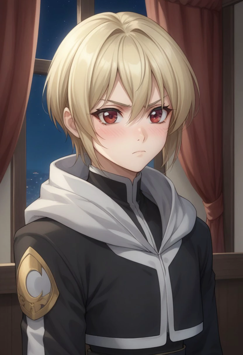 score_9, score_8_up, score_7_up, source_anime, highly detailed, 
ionfortuna, 1boy, male focus, solo, blonde hair, hair between eyes, red eyes, jacket, black jacket, cropped jacket, long sleeves, hood, shirt, black shirt, upper body, frown, blush,
indoor, window, curtains, moon,