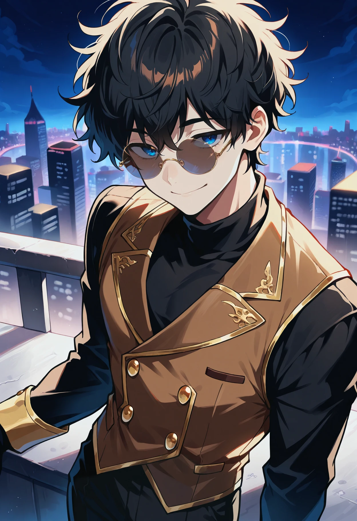 masterpiece, best quality, newest,  1boy, solo, black hair, messy hair, blue eyes, sunglasses, circle-frame eyewear, black turtleneck,  thick hair, rimless eyewear, black clothes,  (gold trim), bangs, brown vest, gold buttons,  black pants, closed smile,  cityscape, night time,  pince nez, shirt under vest