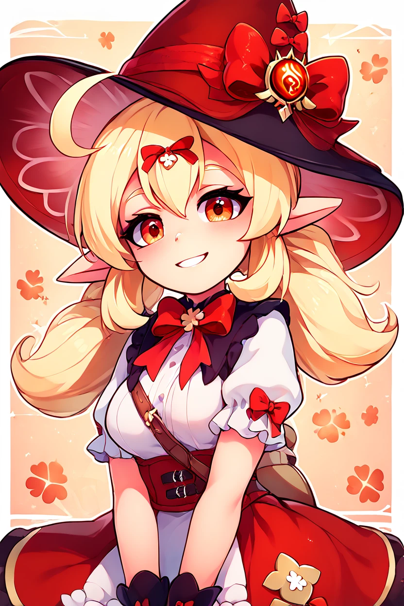 score_9, score_8_up, score_8, medium breasts, (curvy), cute, eyelashes,       ,,, , ,,, zzKlee, hair between eyes, red eyes, ahoge, blonde hair, long hair, low twintails, pointy ears, twintails, witch hat, bow, gloves, short sleeves, black gloves, alternate costume, sidelocks, hat bow,  <lora:KleeBlossomingStarlight_Genshin_PDXL:1.0>,  ,,,, BREAK, smile, looking at viewer, ,,, abstract background, white outline, cowboy shot, ,,, embedding:zPDXL, Expressiveh, ,,, <lora:theOtherHalfPDXL:0.8>, <lora:CatalystStylePDXL:0.6>, <lora:SDXLFaeTastic2400:0.5>, <lora:Expressive_H-000001:0.4>,