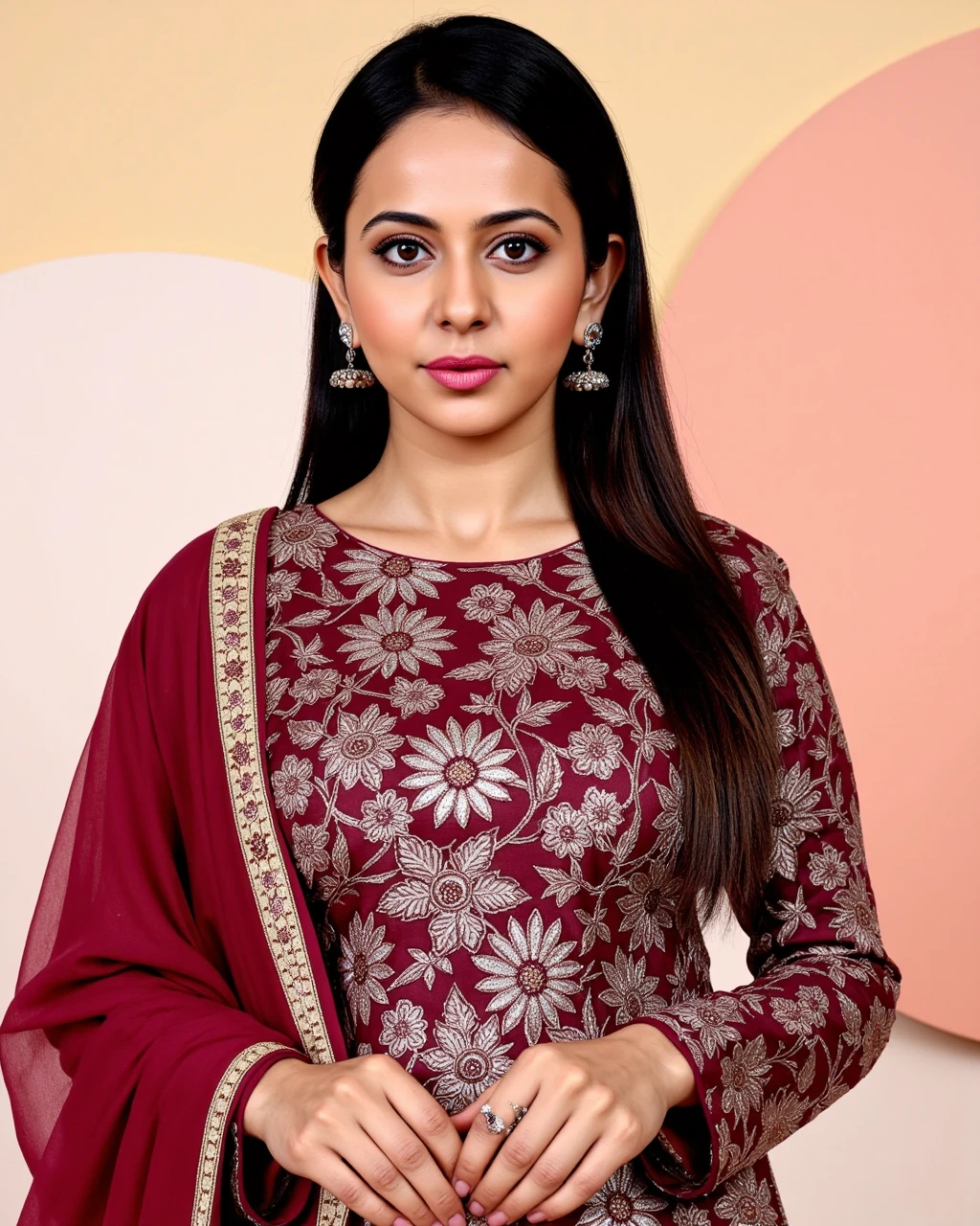 cowboy shot photo of Rakul Preet Singh woman,candid photo with natural colors, serious expression on face,studio quality, wearing intricate elegant conservative long sleeved Maroon Phulkari Suit, straight hair, pastel shaded multicolored background, cinematic soft lighting<lora:TestBed\Rakul_Preet_Singh_Kohya_V1-000007.safetensors:1.0:1.0>