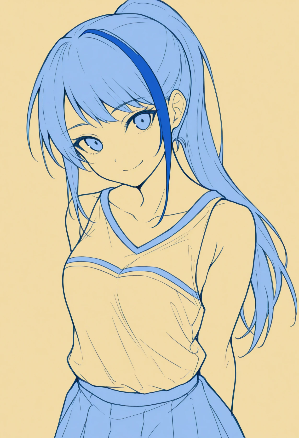 masterpiece, best quality, 1girl, solo, blue hair, long hair, ponytail, streaked hair, HaruCheerUniform, sleeveless shirt, white shirt, collarbone, double horizontal stripe, blue skirt, lineart, monochrome, yellow theme, blue theme, simple background, smile, looking at viewer, <lora:ChamHaruhiCheerIllustriousXL:1>