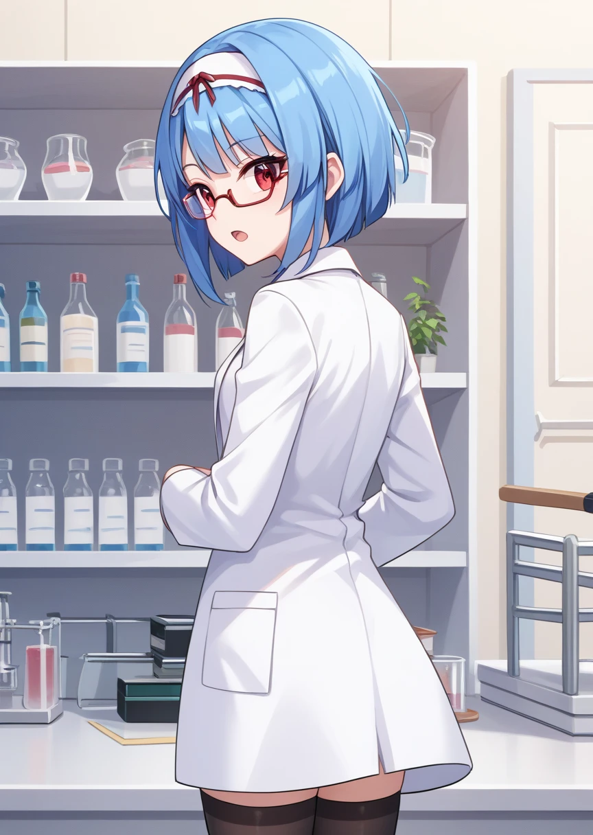 score_9, score_8_up, score_7_up, score_6_up, score_5_up, BREAK
s4ra, human, female, 1girl, solo, short hair, open mouth, red eyes, blue hair, hairband, glasses, , lab, lab coat, long sleeves, black thighhighs, standing, upper body