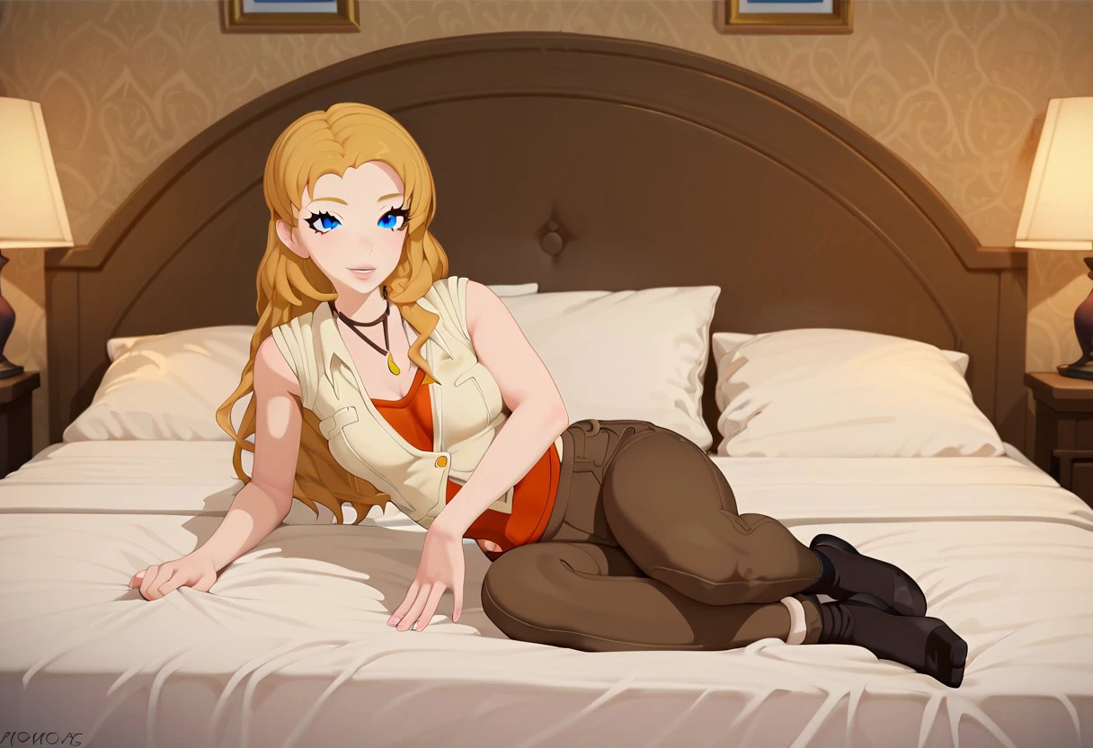 score_9, score_8_up, score_7_up,score_6_up, Expressiveh, 1dk, score_9, (((1girl))), (((solo))), perfection,   slim,  slender, medium breasts,  (((full body view))),  zoomed out,
 , on bed
SaphRWBY, 1girl, (( orange shirt,  beige vest,  brown pants,)) necklace, long blonde hair,  blue eyes