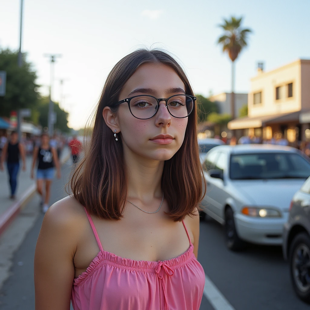 hfsuzy, glasses, Elegant Minimalistic Photography, 1990s, beautiful Finnish wearing a pink babydoll dress, busy LA street on a summer day, Natural Lighting, chaos, minimalist, close-up portrait photo, shot on Portra 400.