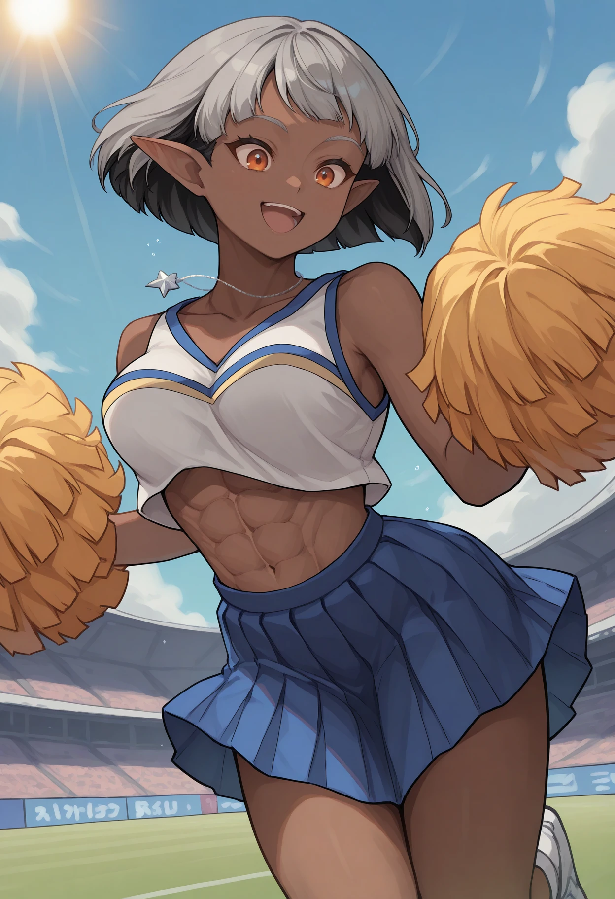 masterpiece, best quality, 1girl, solo, dark-skinned female, pointy ears, bob cut, orange eyes, grey hair, black inner hair, large breasts, silver necklace, silver star necklace, HaruCheerUniform, sleeveless shirt, white shirt, collarbone, double horizontal stripe, blue skirt, midriff, abs, pom poms, jumping, midair, legs up, smile, :d, outdoors, stadium, light rays, sun, <lora:ChamHaruhiCheerIllustriousXL:1>