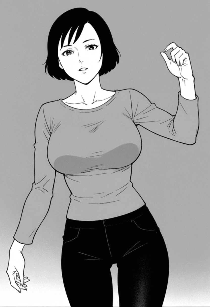 score_9, score_8_up, score_7_up, source_anime, anime screencap, ogawara, 1girl, solo, short hair, brown hair, bob cut, brown eyes, black hair, brown hair, pants, long sleeves, greyscale, monochrome,  large breasts, sexy pose,