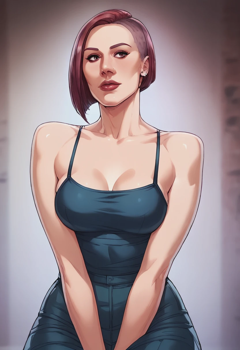 score_9, score_8_up, score_7_up, 1girl, mature_female, large_breasts, portrait, solo, looking_at_viewer, open_eyes, flat color, Sitting cross-legged, dutch_angle, (Purple tangzhuang), short hair, buzz cut, Strawberry Red hair, head_out_of_frame, rating_safe, <lora:pony\artist_styles\eva_kiss_pony:1.0>