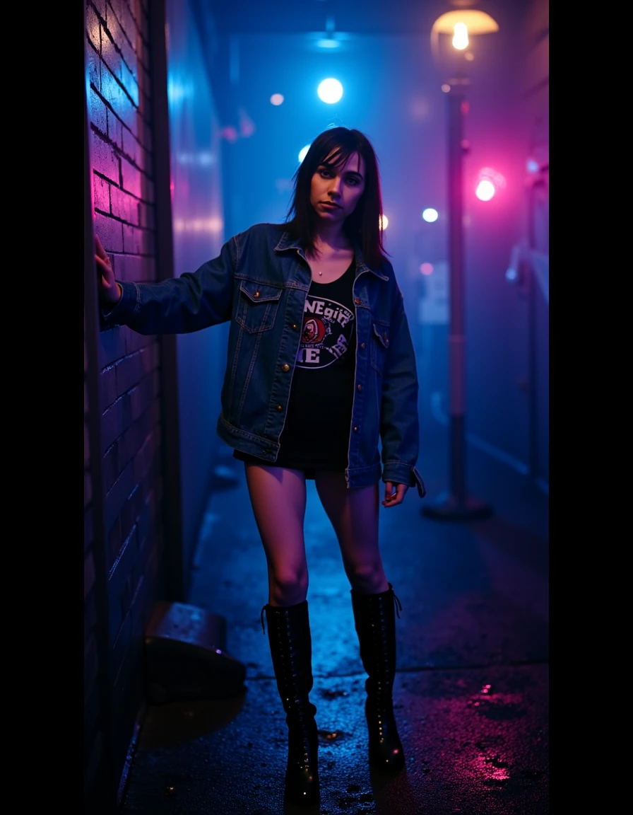 cinematic, cinematic lighting,.ultra realistic, ultra defined textures and colors, shot in the style of Sony Alpha A7 III  <lora:pjharvey:0.9> pharvey, pjhy, pjharv,  looking at the viewer,  a beautiful woman In a dimly lit alley after rain, sheâs dressed in a distressed, oversized denim jacket with a dark graphic tee and combat boots, embodying a raw, alternative aesthetic. She stands with one foot against the wall, arms crossed and head tilted slightly to the side. A 50mm lens captures the neon reflections in the puddles around her, while deep blue and magenta gels illuminate her from opposite sides. Raindrops on her jacket and skin enhance the sceneâs gritty texture, with a soft spotlight on her face for added contrast, detailed skin texture, (blush:0.5), (goosebumps:0.5), subsurface scattering, Photorealistic, Hyperrealistic, Hyperdetailed, analog style, soft lighting, subsurface scattering, realistic, heavy shadow, masterpiece, best quality, ultra realistic, 8k, golden ratio, Intricate, High Detail, film photography, soft focus