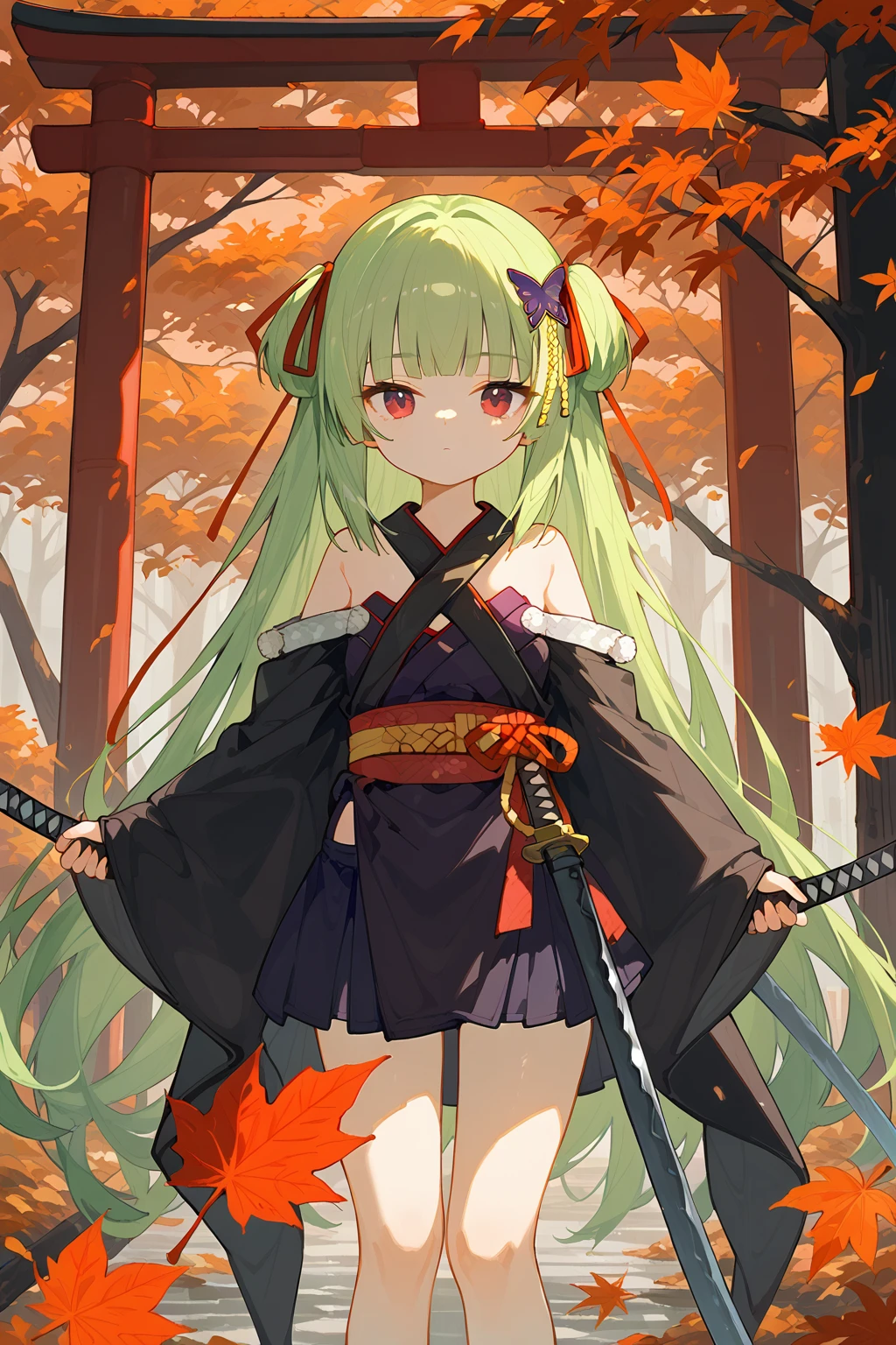 (score_9,score_8_up,score_7_up),<lora:congyu(Senren Banka)-v1:1>,congyu(Senren*Banka),1girl,weapon,sword,green hair,solo,long hair,red eyes,hair ornament,katana,japanese clothes,holding,holding weapon,bangs,holding sword,looking at viewer,kimono,blunt bangs,leaf,very long hair,ribbon,outdoors,butterfly hair ornament,bare shoulders,sash,wide sleeves,autumn leaves,closed mouth,sheath,red ribbon,torii,black kimono,tree,hair ribbon,long sleeves,shimenawa,
good feet,anime,NSFW,expressive,amazing quality,ultra hd 32k,