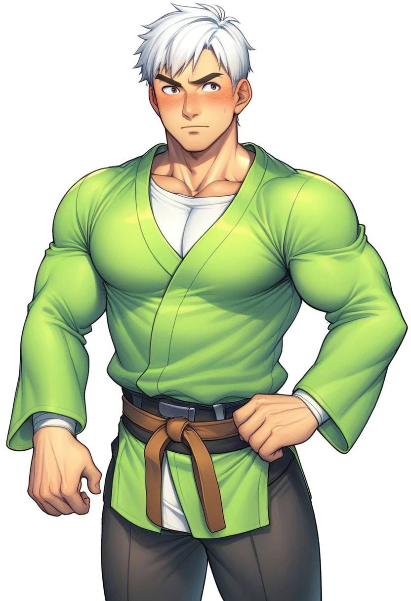 omegaltd style,solo,1boy,male focus,dougi,white hair,muscular,belt,green shirt,short hair,pants,pectorals,martial arts,belt,muscular male,simple background,bara,shirt,white background,blush