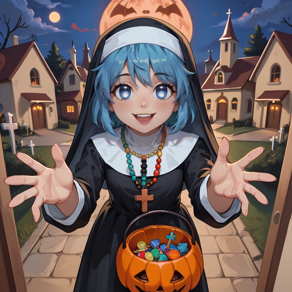 score_9,score_8_up,score_7_up,
luca-light,aqua hair,short hair,blue eyes,symbol-shaped pupils,rosary,traditional nun,<lora:Luca:0.8>,<lora:Trick_or_treat:0.6>,tr1ck0rtr3at,holding halloween bucket,doorway,street background,looking at viewer,smile,upper teeth only,outstretched hand,palm,halloween,halloween costume,happy halloween,night,red moon,pov doorway,church,