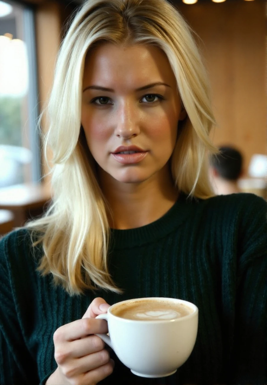 A professional photograph of a blonde haired young woman, Danica_Thr4ll, wearing a dark green cable-knit sweater, holding a latte in a cafe, detailed skin, bokeh, SFW<lora:Danica_Thrall-000018:1>