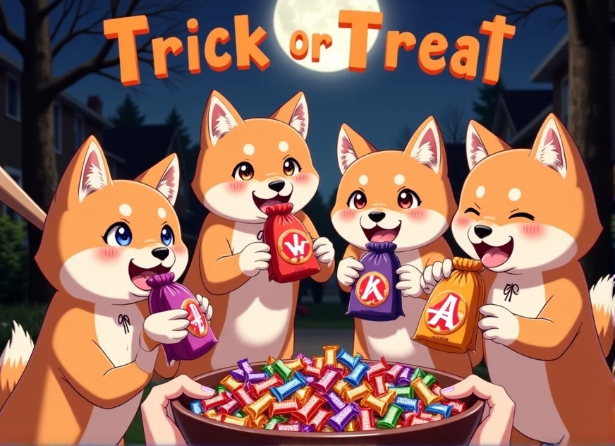 trick or treat, cute, holding candy bowl, handing out candy, anime, text,
a group of shiba inu dogs collecting candy, they are each holding a candy bag in their teeth.
they are each holding out their subsequent candy bag.
the candy bowl holding viewer is holding a bonking baseball bat.
<lora:Trick_or_Treat_v2-000001:0.8>