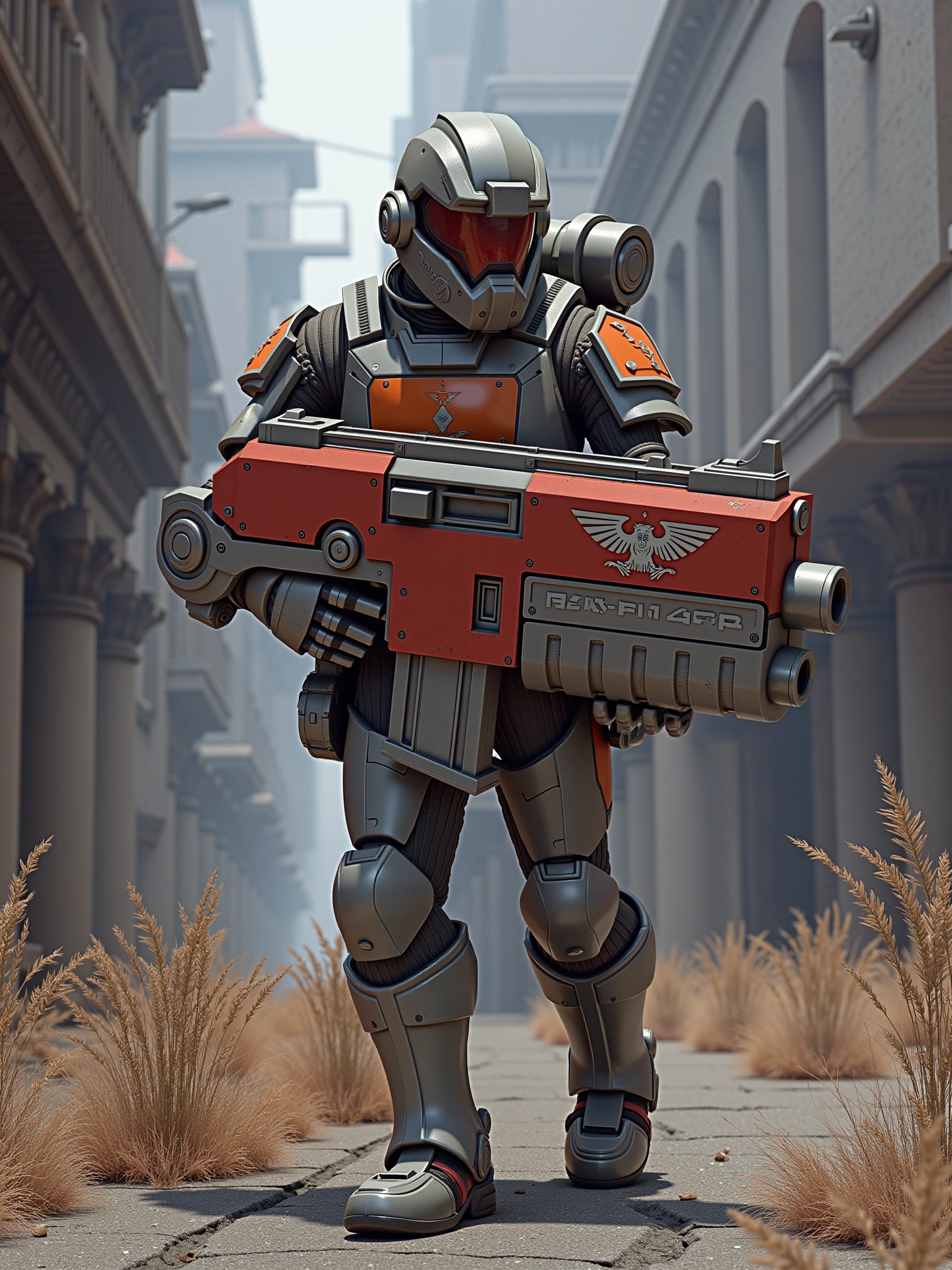 futuristic soldier wearing a grey and orange armor, he is holding an mad-gdwn-bltr gun as he walks through a derelict futuristic city, the gun is painted in worn and rusty red with metallic and white details, ruined building, rebar, overgrowth, (photorealistic:1.4) <lora:Bolter_Godwyn_FLUX:1> mad-gdwn-bltr