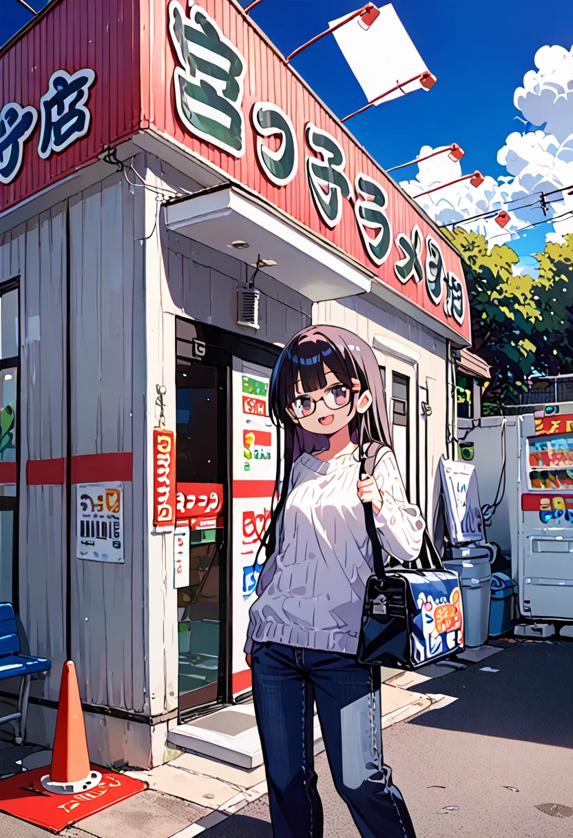 score_9, score_8_up, score_7_up, rating_safe, masterpiece, best quality, absurdres, unity 8k wallpaper, official art, official style, source_anime, uncensored, game cg, megami magazine,
1girl, solo, glasses, black hair, long hair, white ribbed sweater, jeans, bag, happy, smile, looking at viewer, open mouth, solo focus,
miyakko, storefront, japan, outdoors, vending machine, scenery, power lines, sky, utility pole, building, day, cloud, road, shop, blue sky, street, trash can, sign, tree
<lora:miyakko_pony_V1:1>