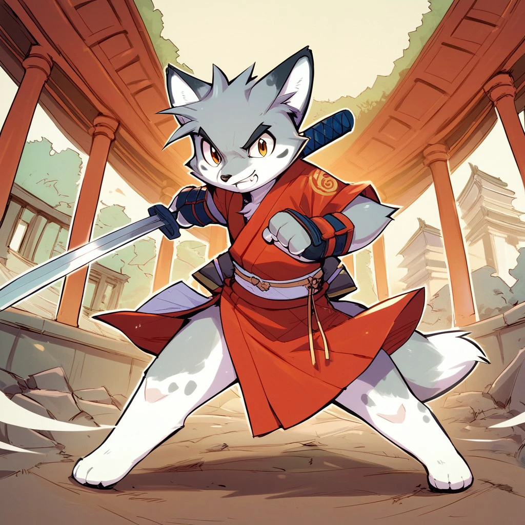 score_9,score_8_up,score_7_up,furry,color,fox,by momiji_yu-ga,white spots, white and grey fur,black eyebrow,bedroom,,feet,standing,sword, fighting, warrior,Japanese temple,solo