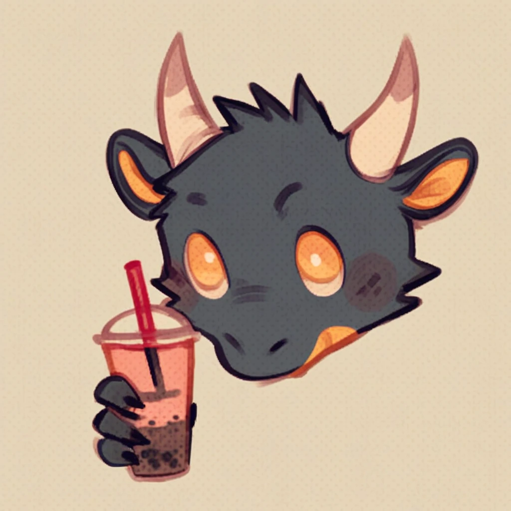 score_9_up, score_8_up, score_7_up, mikus-style, black fur, dragon, white horns, yellow eyes, holding, bubble tea