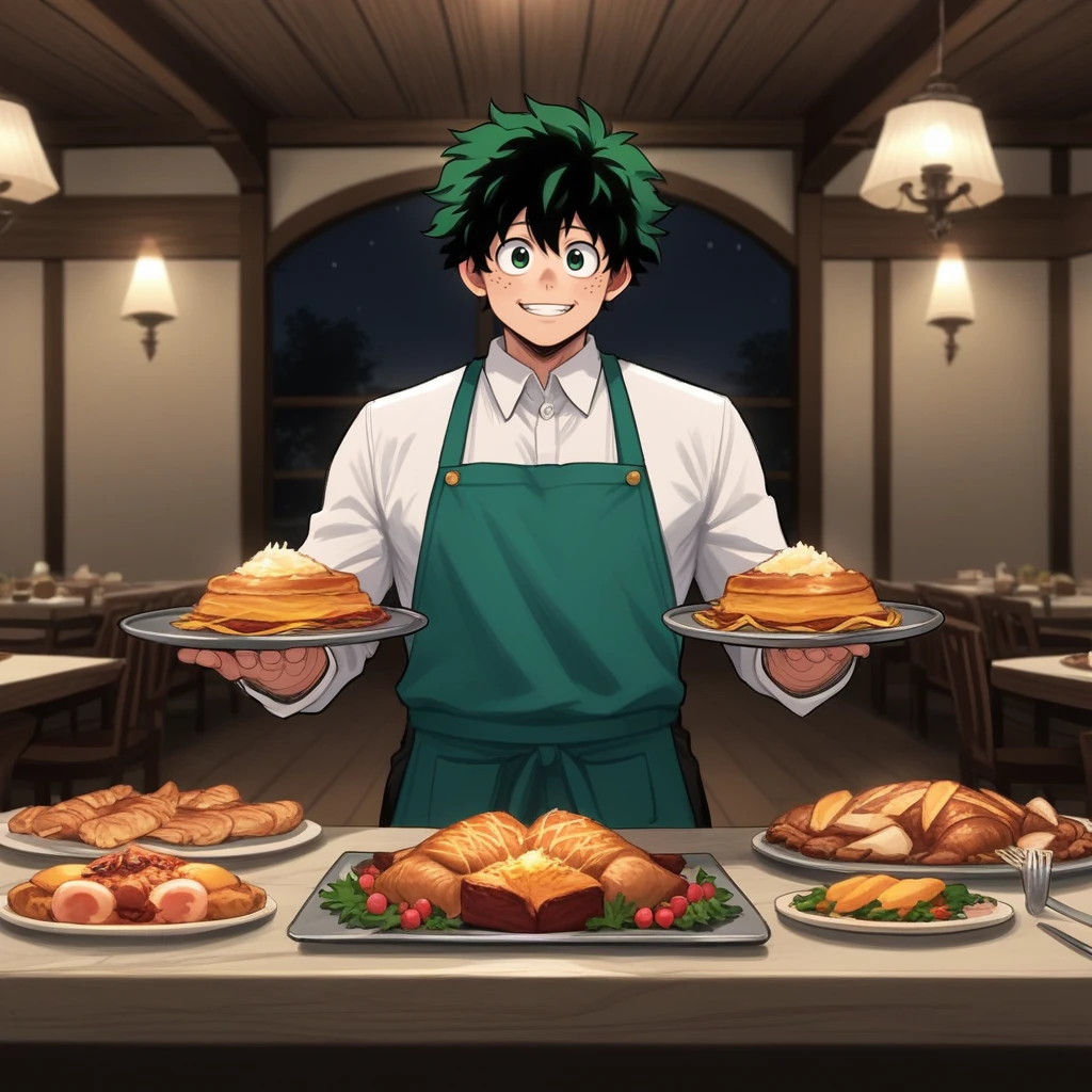 score_9, score_8_up, score_7_up, score_6_up, score_5_up, score_4_up, zPDXL2,source_anime,rating_questionable, 1boy, solo, standing, looking at viewer, smile, holding tray, deku, izuku midoriya, apron, holding tray, serving food, indoors,  <lora:Feast:0.8> f34st,feast, banquet, table, food,