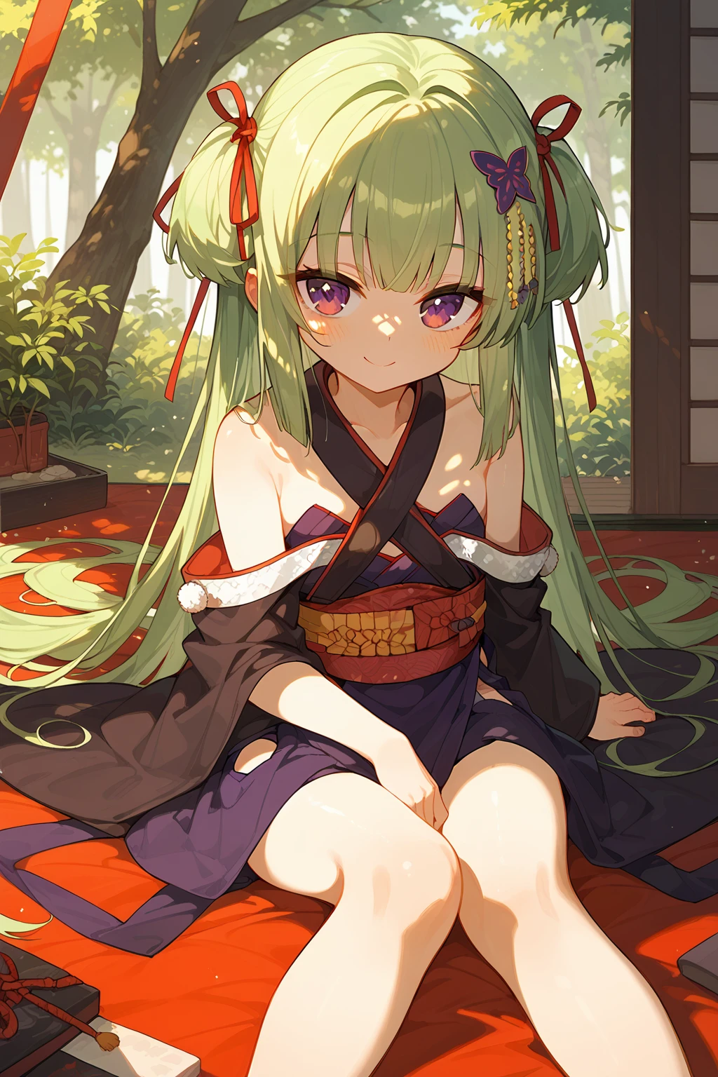 (score_9,score_8_up,score_7_up),<lora:congyu(Senren Banka)-v1:1>,congyu(Senren*Banka),1girl,1boy,long hair,lap pillow,green hair,japanese clothes,smile,bare shoulders,ribbon,hair ribbon,very long hair,kimono,red eyes,brown hair,hair ornament,sitting,sash,brown eyes,obi,blush,dappled sunlight,looking at viewer,purple eyes,lying,off shoulder,tree shade,collarbone,
good feet,anime,NSFW,expressive,amazing quality,ultra hd 32k,