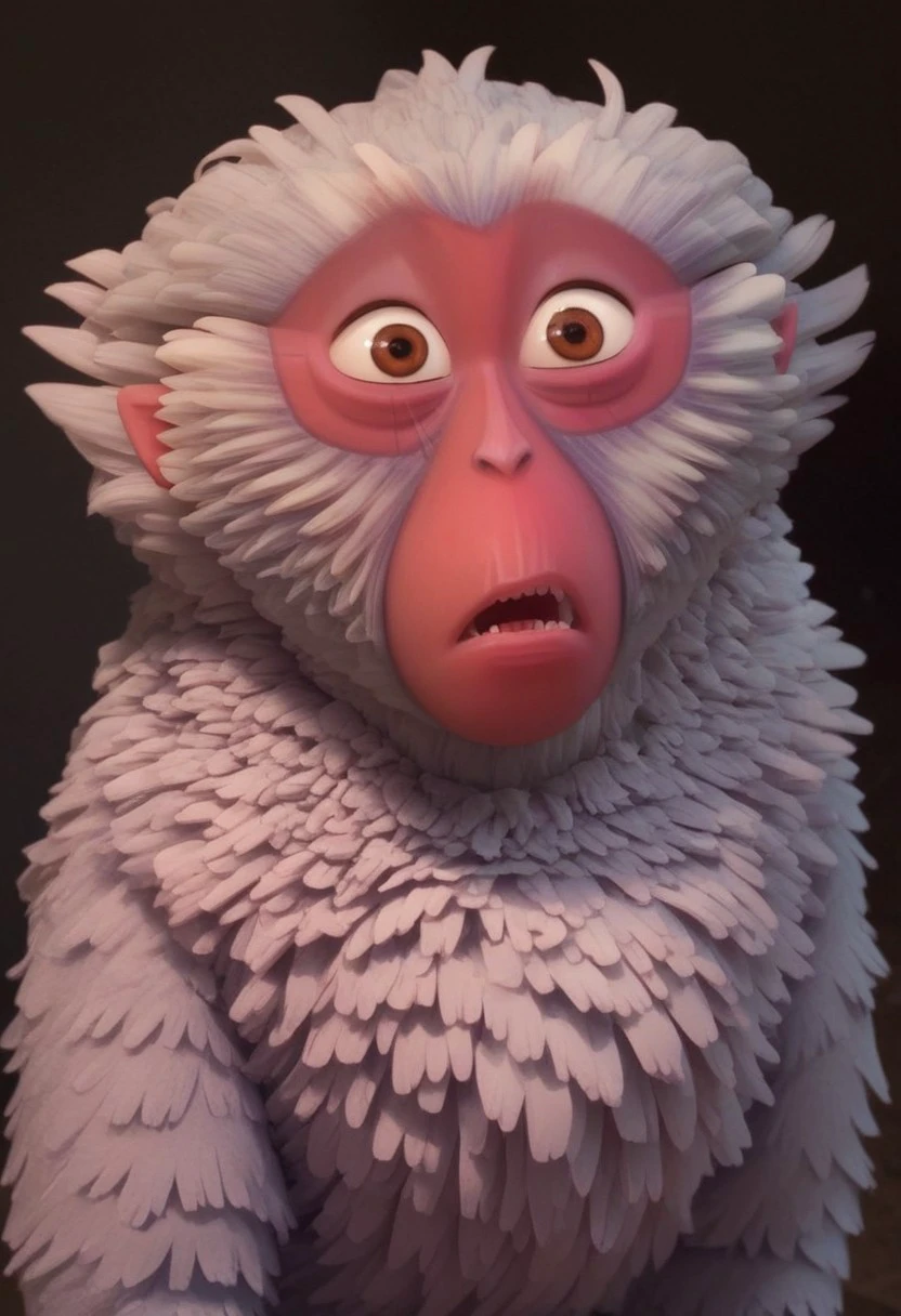 1girl, furry, female japanese macaque, ape, primate girl, anthro, white fur, dark pink skin, pink ears, brown eyes, grey hands, grey feet, Expressiveh, realistic, 3d, score_8_up, score_7_up, BREAK, 1girl, solo, closeup, looking away, shocked, awkward, mouth closed, wide eyed