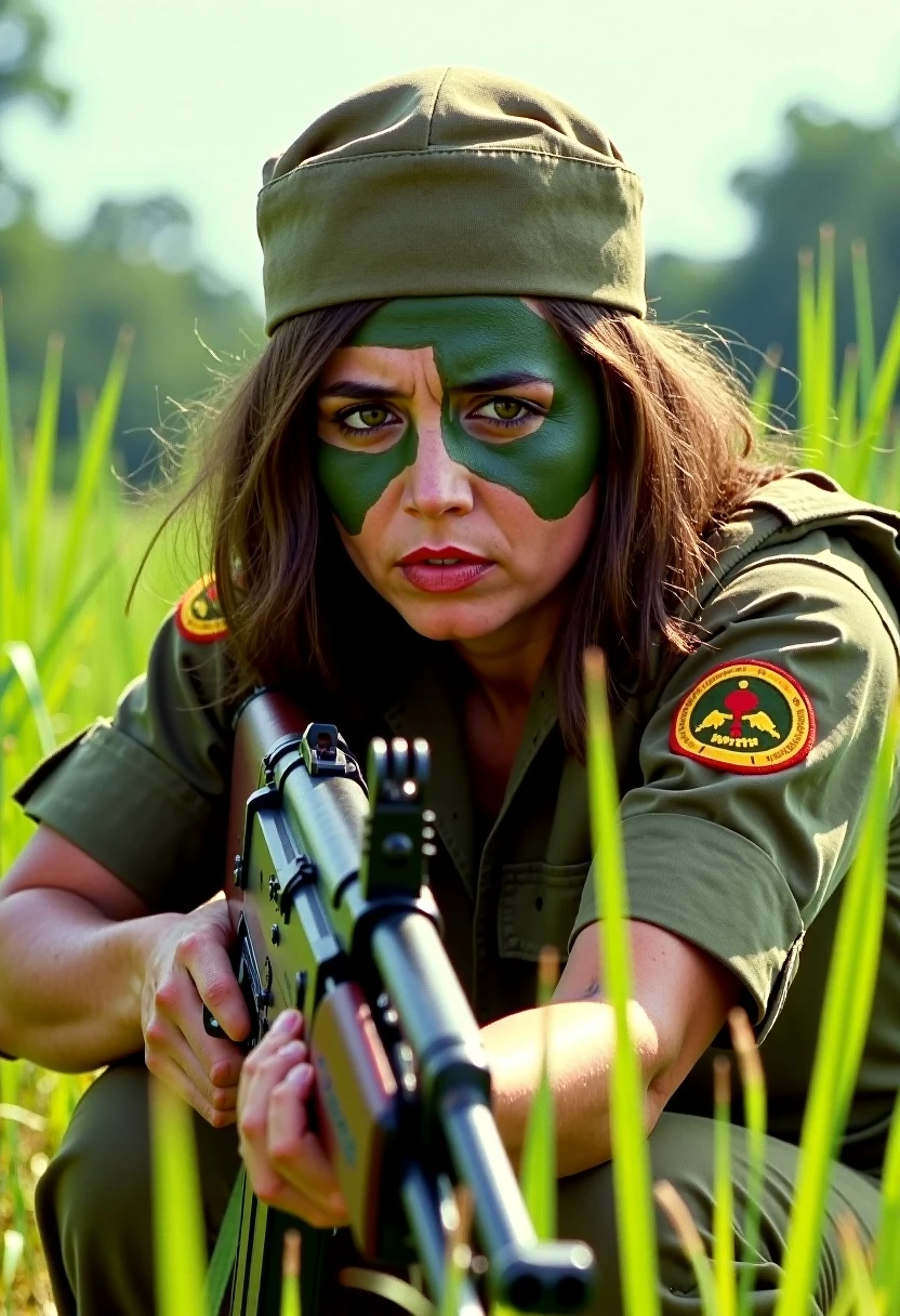 Movie scene DanielleDushku is a Vietnam era commando with camoflage face paint and an assault rifle crouched in the tall grass with a deadly serious look. 