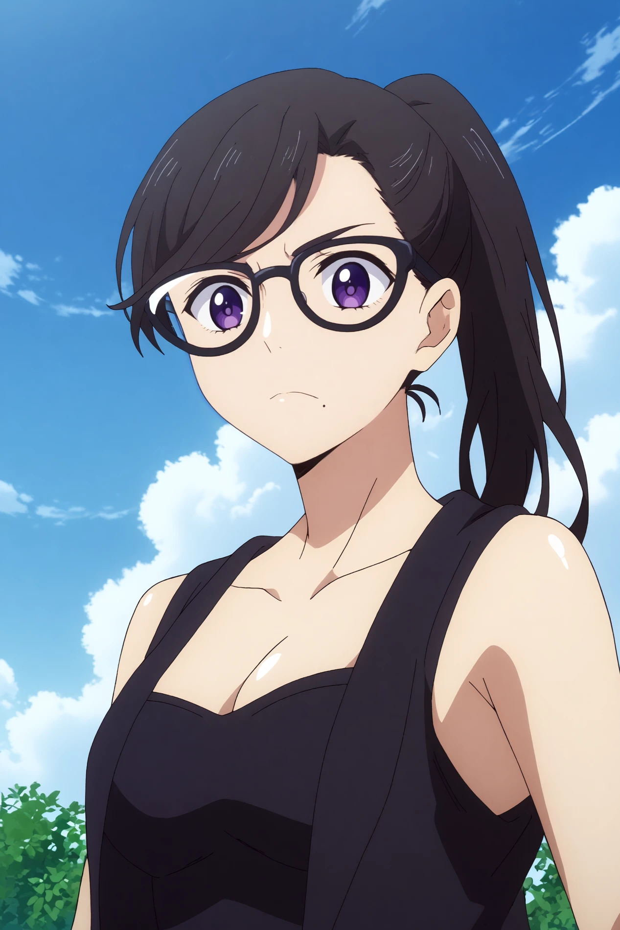 hizuru minakata,1girl,solo,glasses,breasts,cleavage, gloves, ponytail, mole under mouth,long_hair, looking at viewer,black-framed eyewear,bangs,  BREAK outdoors,blue sky,cloudy_sky,sunshine    <lora:Hizuru_Minakata_-_Summer_Time_Rendering.safetensors:0.8> <lora:detailed_backgrounds_v2.safetensors:0.5> <lora:Spiderlily.safetensors:0.8>