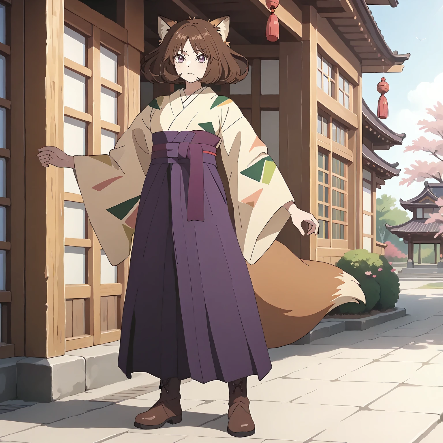 <lora:DG_Dongitsune2XLpony001>,
outdoors,
solo,
Dongitsune2,1girl,brown hair,medium hair,fox_ears,purple eyes,
japanese clothes,
purple hakama,
fox tail,
lace-up boots,
standing,