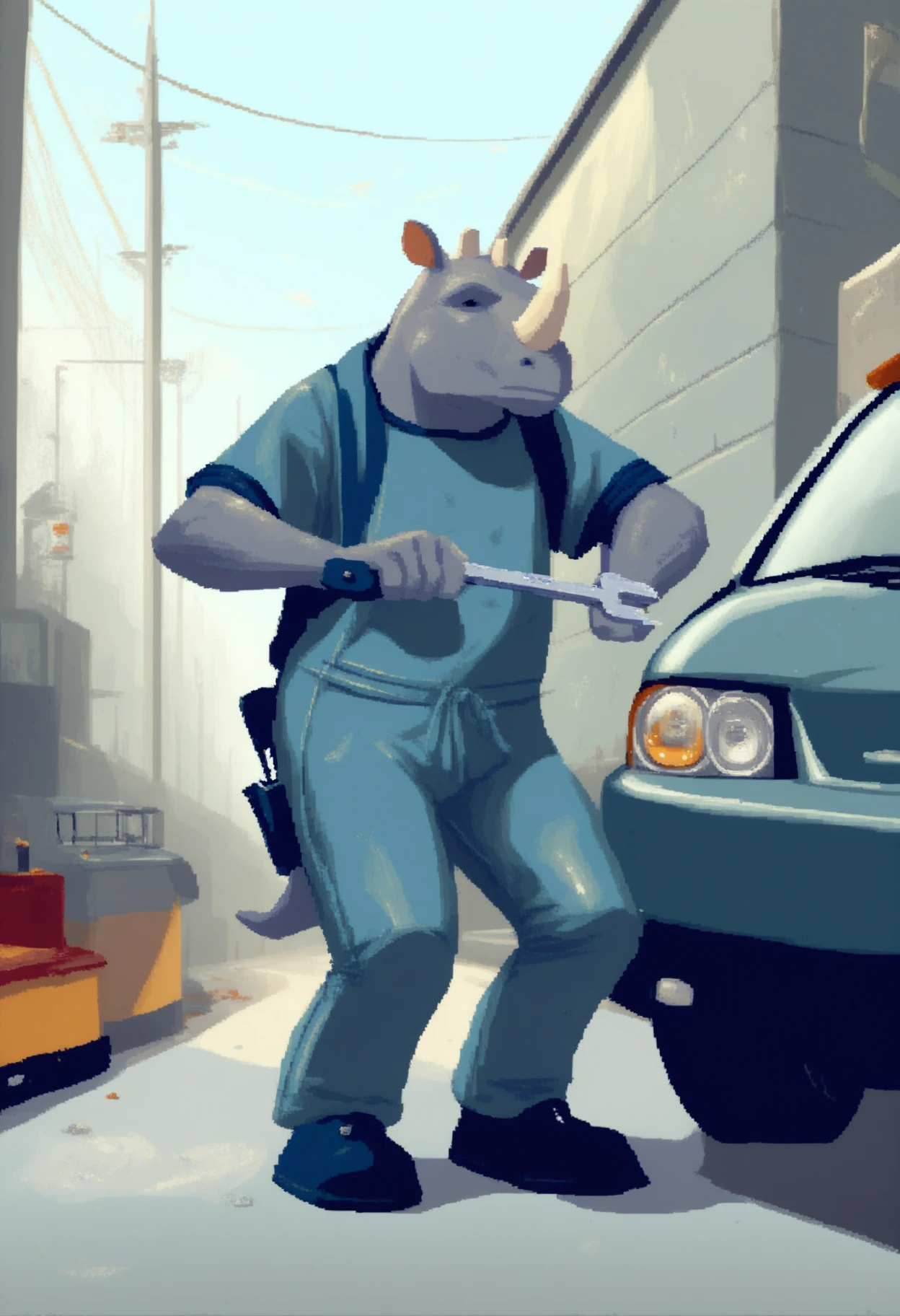 ootwstyle, safe_pos, score_9, score_8_up, score_7_up, 1boy, solo, anthro, rhino, 1horn, grey skin, large, solo, mechanic, coveralls, holding, wrench, car, fixing, engine, garage