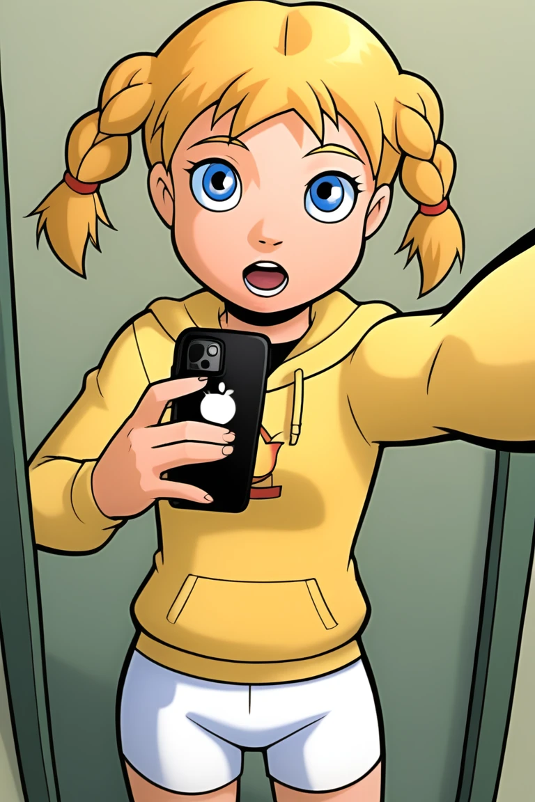 powerpack_katie, solo, yellow hoodie,white shorts,blue eyes, 1girl, blonde hair, braid, twin braids, open mouth, bodysuit, twintails, selfie,pov,holding,iphone