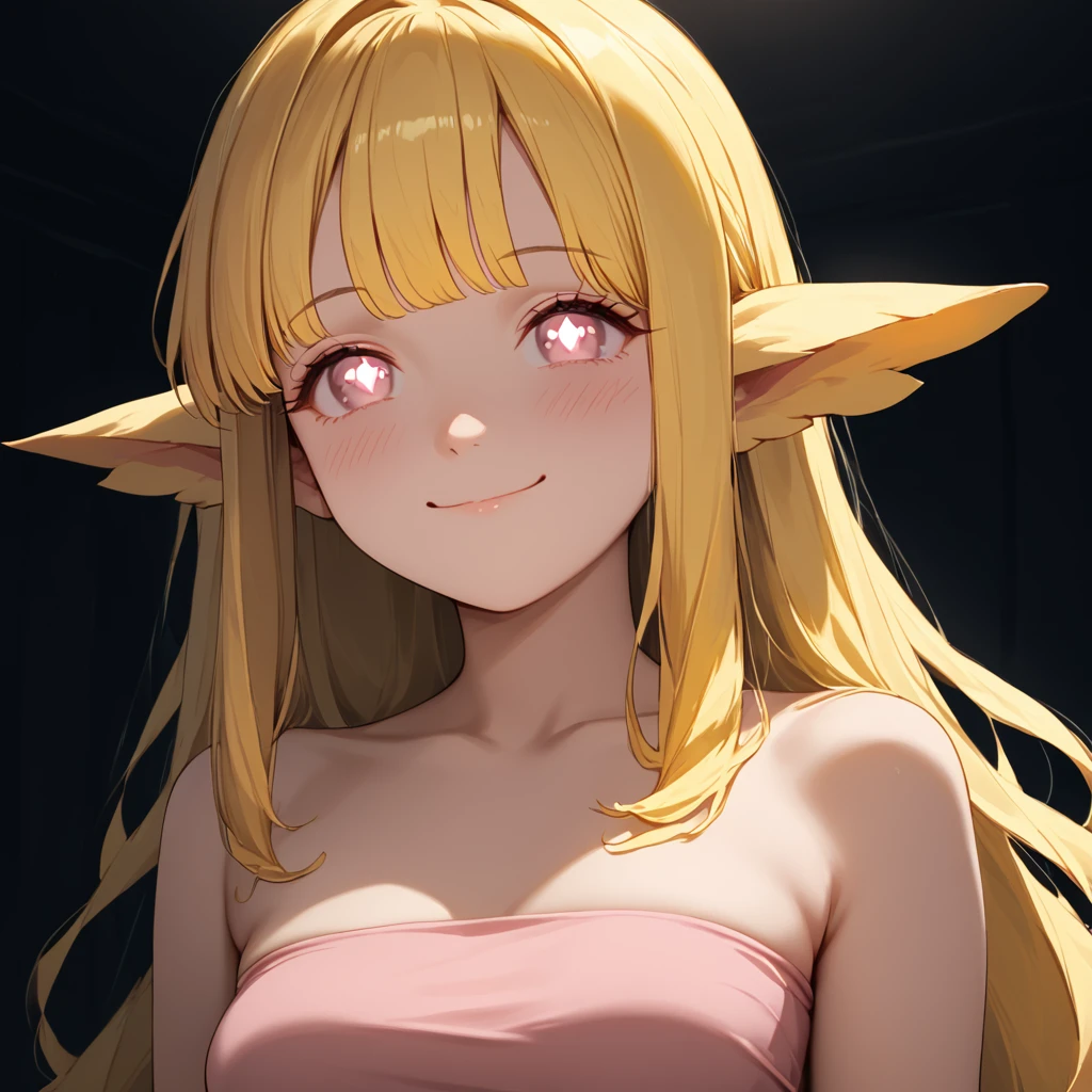 <lora:Lucita_Yellow:1> masterpiece,best quality,highres,ultra-detailed, upper body shot, standing, dark room, light from off screen
BREAK 1girl, solo girl, yellow haired harpy girl , long hair, bangs, harpy ears, heartwarming smile, closed mouth, light blush, pink eyes, square shaped pupils, square pupils, score_8_up, ((adult)), medium breasts,  strappless black tube top,