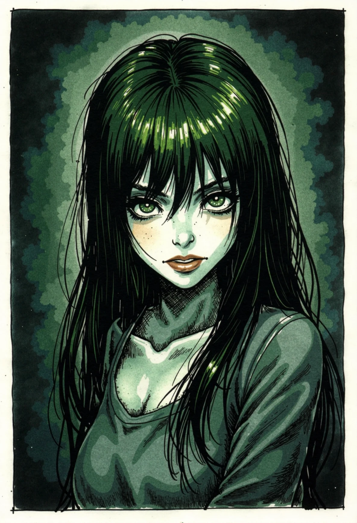 d0nkaThis image is a hand-drawn comic strip in a traditional, heavily inked style, with a dark and gritty aesthetic. The scene is framed with heavy ink lines, a dark and moody atmosphere, with deep shadows and stark contrasts.  Scene depics a green haired asian woman looking at viewer with a cold stare. She has green eyes and long hair falling behind her back.  <lora:FLUX\FLUX.1-Turbo-Alpha\FLUX.1-Turbo-Alpha.safetensors:1.0>     <lora:MyTrainings\Temp\Donka_F1D_ARZUMATA.safetensors:1>