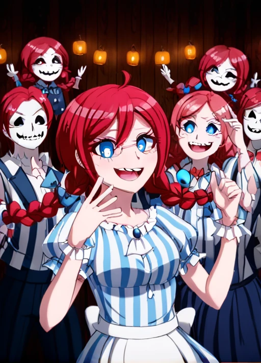 <lora:Smug_Wendy_SDXL:1>,<lora:Tsumugi_Shirogane_SDXL:1>,  This is an anime screencap from Danganronpa 3.  Wendy Thomas has red hair styled in pigtails with blue bows at the end of her braids. She is wearing a white and blue striped dress with puffed sleeves. Wendy is smiling smugly and smugness is obvious in her affect. Wendy Thomas at a Halloween karaoke night in a haunted bar, singing a spooky tune with her signature smug smile. Ghostly patrons cheer her on, their spectral glasses clinking in approval.