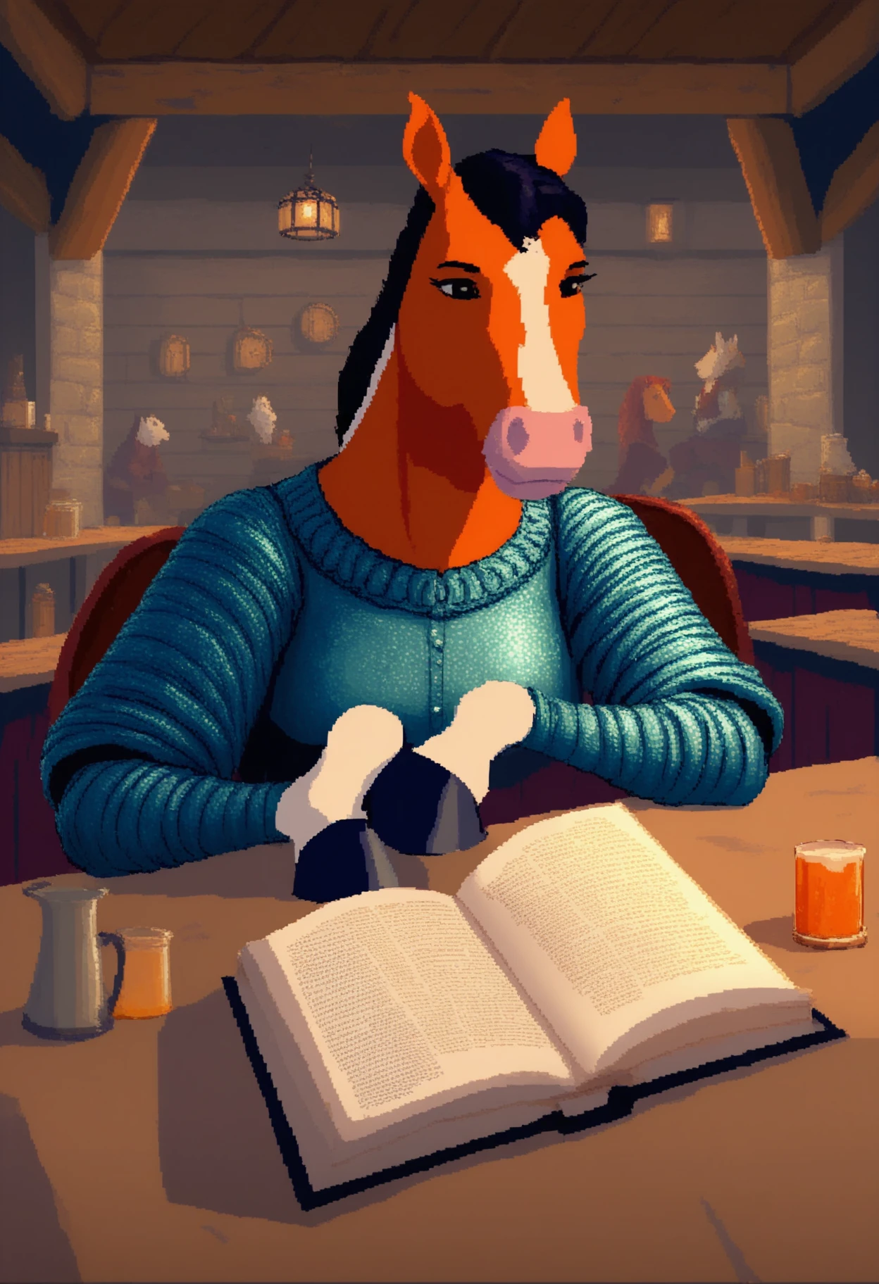 ootwstyle, safe_pos, score_9, score_8_up, score_7_up, 1girl, solo, medieval fantasy, female horse, furry, reading a book, tavern, hooves