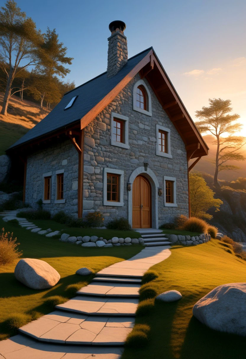 a stone house in a realistic style, blending into the environment, dug into the ground on a rock, in the foreground an evil wizard dusk,sunset,shadows,a sense of mysticism,bad magic,