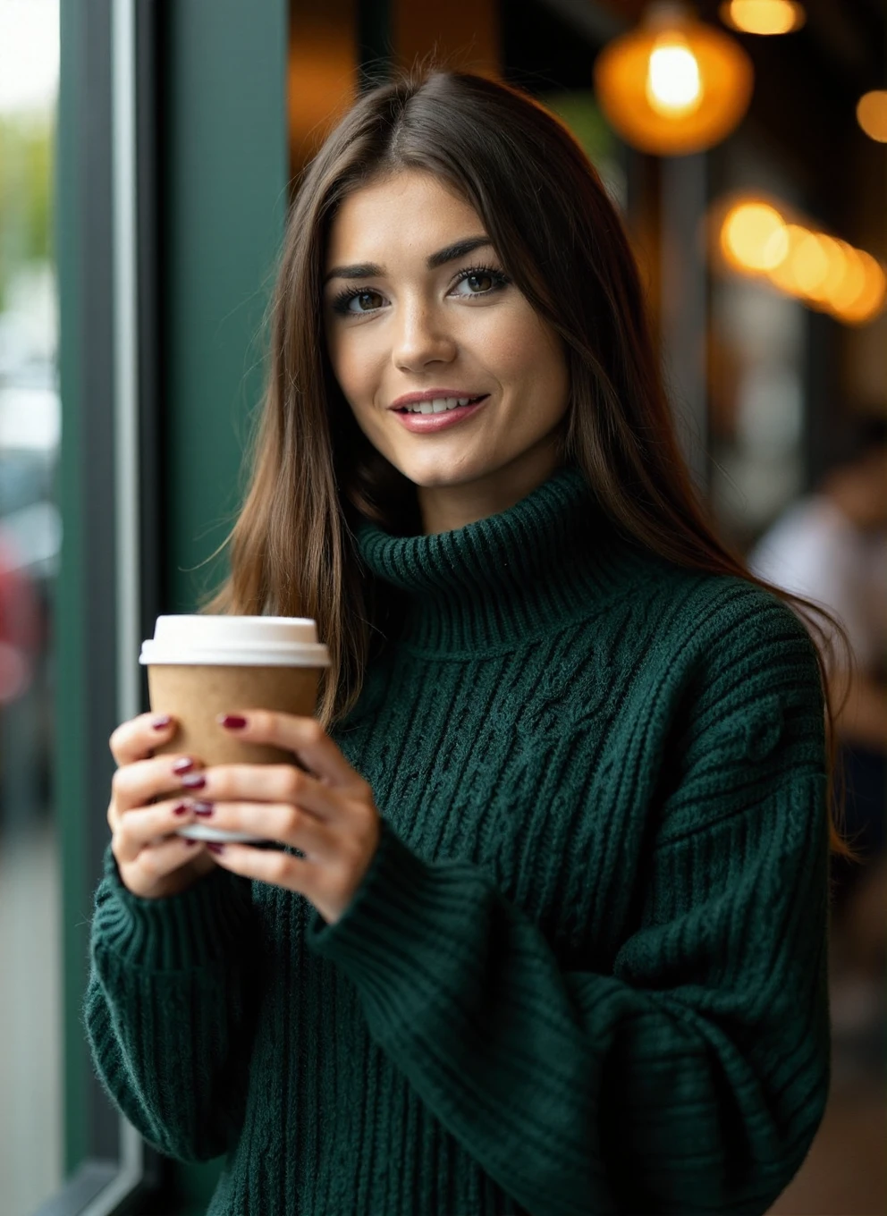 A professional photograph of a young woman, Ind1a_Reynolds, wearing a dark green cable-knit sweater, holding a latte in a cafe, detailed skin, bokeh, SFW <lora:India_Reynolds-000018:1>