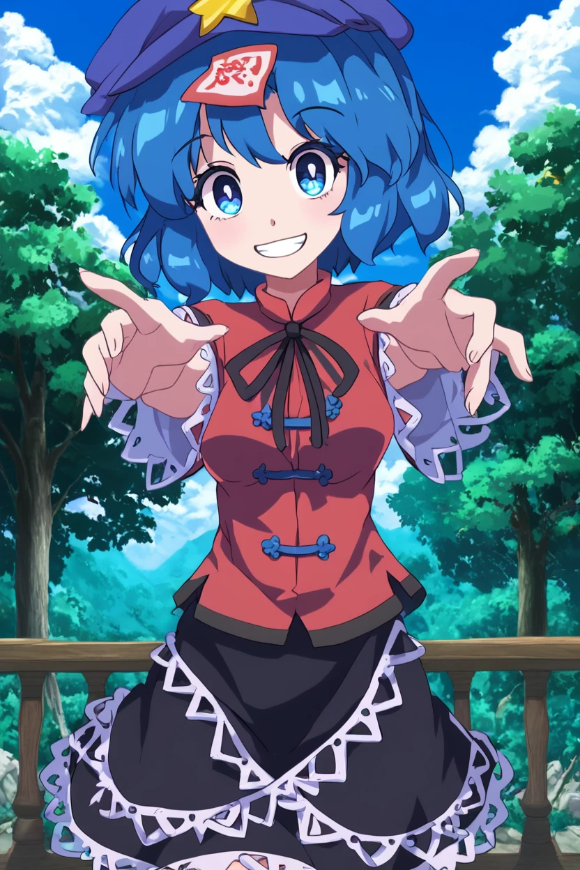 score_9, score_8_up, score_8, medium breasts, (curvy), cute, eyelashes,       ,,, , ,,, zzMiyako, blue eyes, blue hair, short hair, jiangshi, pale skin,  hat ornament, ofuda, star hat ornament, zombie pose, outstretched arms, black skirt, shirt <lora:MiyakoYoshika_Touhou_PDXL:1.0>,     ,,,, BREAK, smile, looking at viewer, cowboy shot, ,,, outdoors, sky, day, cloud, tree, blue sky, sunny,  ,,, Expressiveh, ,,, <lora:Alola_Style_PDXL:0.8>, <lora:Expressive_H-000001:0.4>,