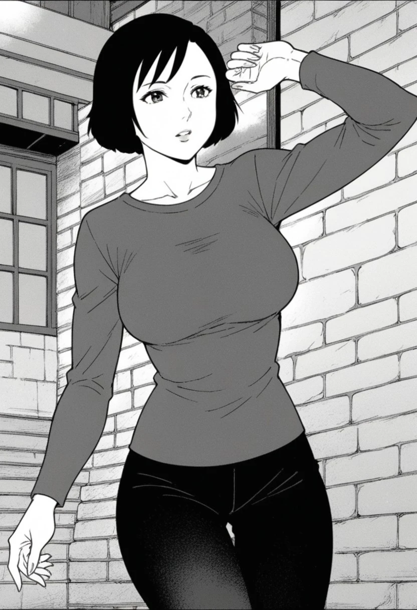 score_9, score_8_up, score_7_up, source_anime, anime screencap, ogawara, 1girl, solo, short hair, brown hair, bob cut, brown eyes, black hair, brown hair, pants, long sleeves, greyscale, monochrome,  large breasts, sexy pose,