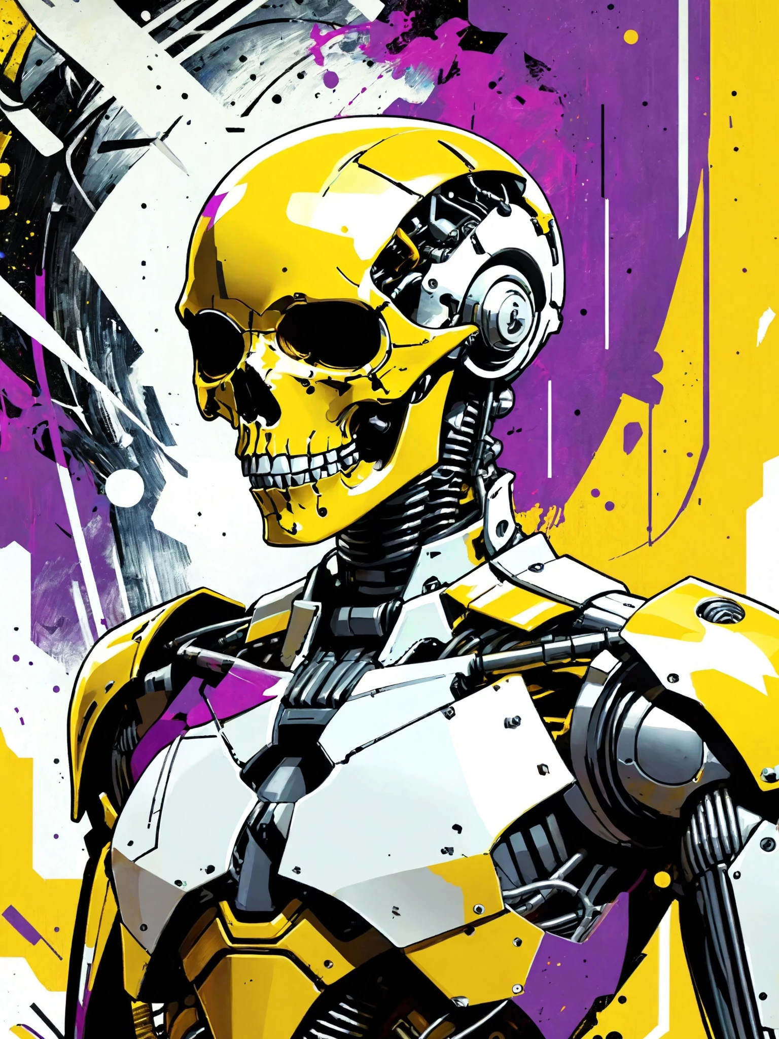 1girl,Bonehead, robot, skull, retro, vintage, sunburst, flat colors, futuristic, graphics