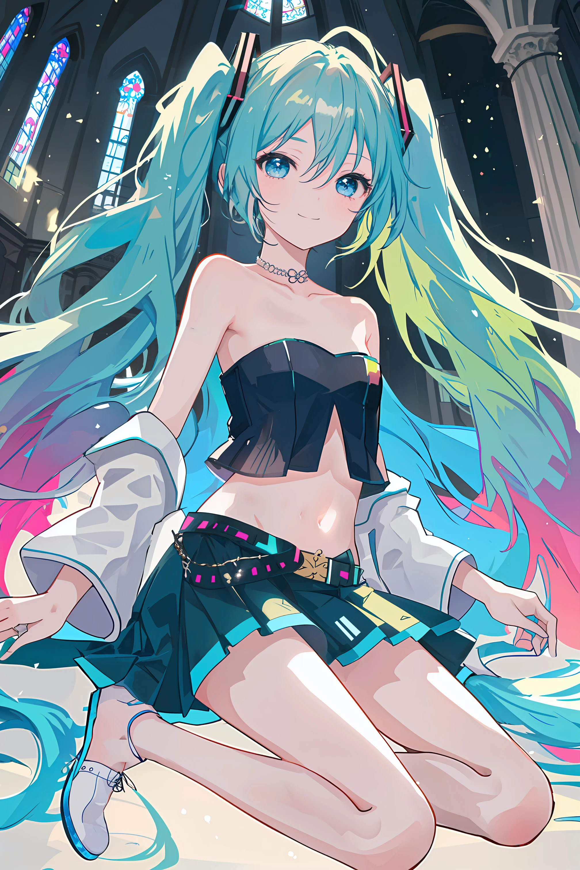 1girl, 
hatsune miku,  
solo, full body, dreamlike, a dreamy scene, looking at viewer, church, very long hair, white footwear, multicolored skirt, shoes, red carpet, belt, alternate costume, twintails, blue eyes, long hair, closed mouth, tube top, midriff, green skirt, bare arms, hair between eyes, smile, bare shoulders, light particles, green hair, strapless, skirt, multicolored clothes, navel, flat chest, multicolored footwear, eyebrows hidden by hair, miniskirt, arms behind back, floating hair, legs, collarbone, standing, black belt, contrapposto, head tilt
 <lora:chuyin-000022:0.8>