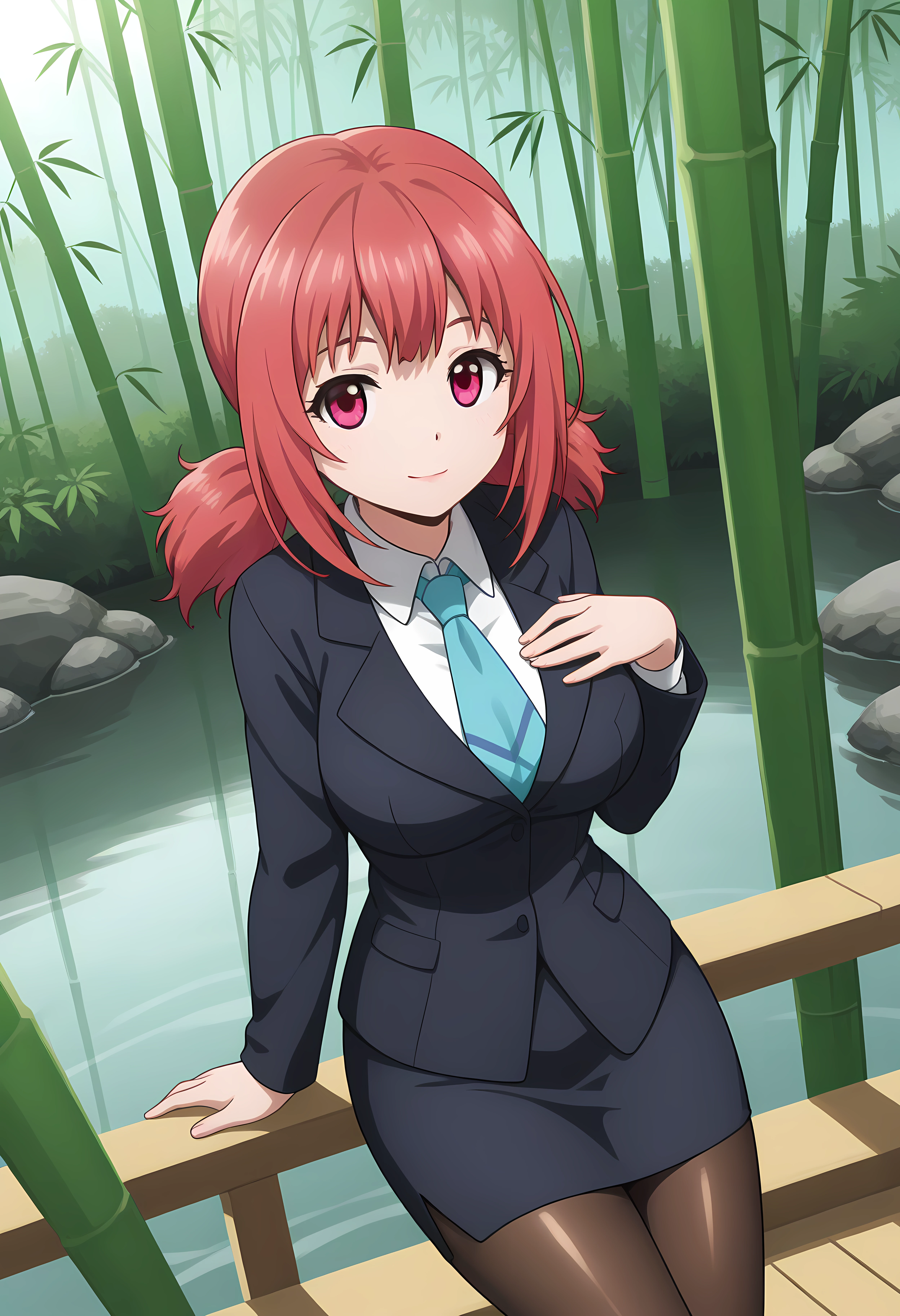 looking at viewer, closed mouth, shiny skin, light smile, petite,ohwx, red_hair, 1girl, twintails, breasts, red_eyes, long_hair, pink_eyes, pink_hair, large_breasts, short_hair, ponytail, short_twintails, medium_breasts,pantyhose, skirt, necktie, suit, formal, pencil_skirt, Secluded Japanese lake surrounded by bamboo, mist rising, early morning light, calm and natural setting,<lora:non_toyoguchi_illustrious_sobsynapse-000003:1>