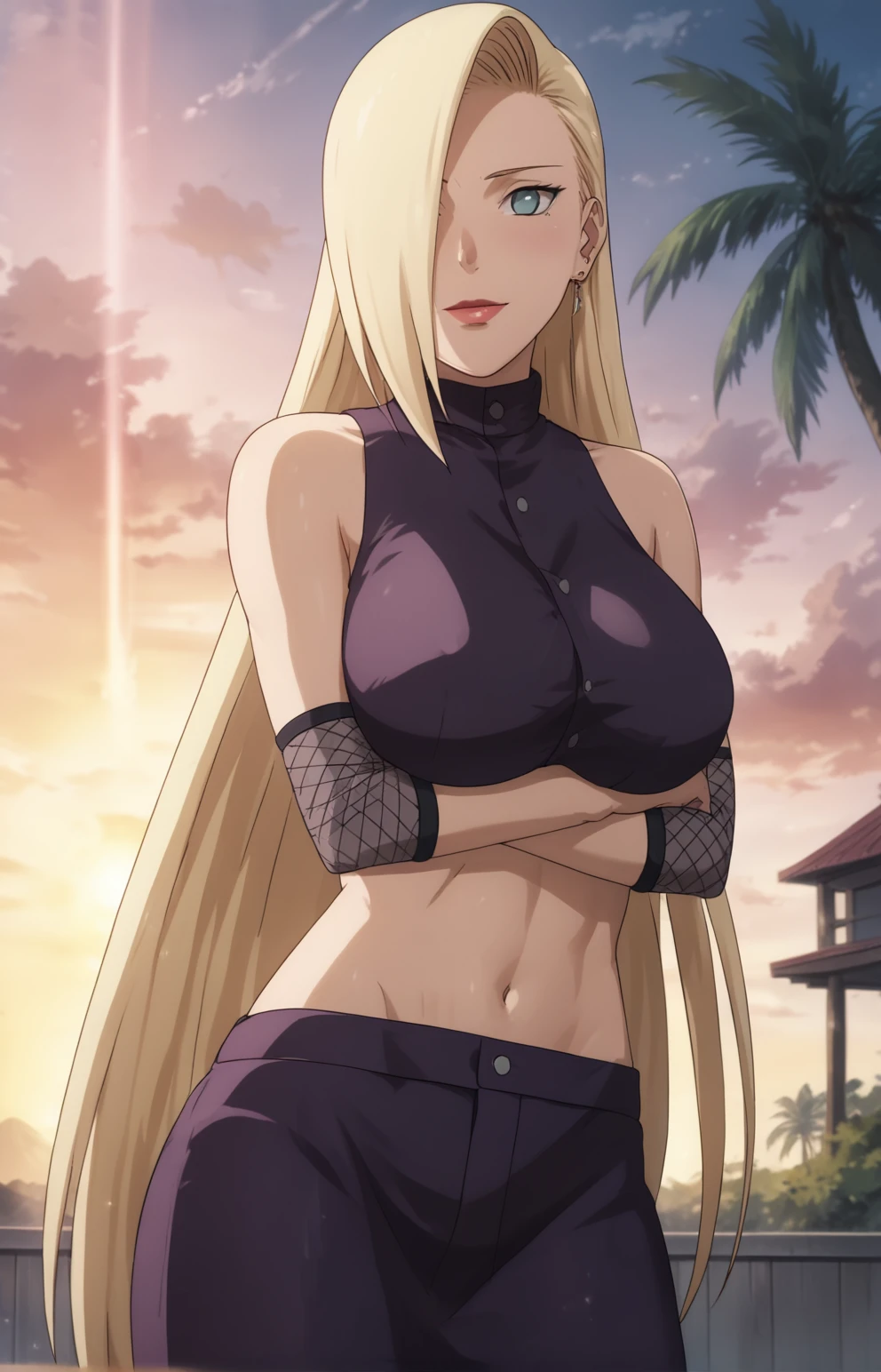 score_9, score_8_up, score_7_up, score_6_up, score_5_up, score_4_up,
BREAK
source_anime, masterpiece, newest, intricate details, anime screencap, official style, woman, ino yamanaka, woman, 25 y.o., blank period, long hair, earing, blush, smile, lipstick, shy, submissive, beautiful face, seductive, athletic build, voluptuous, purple high-collared blouse, mesh arm warmers, midriff, navel, purple apron skirt, crossed arms, breast lift, breast hold, leaning forward, arm up, hand in own hair, looking at viewer, upper body, documentary shot, from below, dramatic lighting, sunset, golden hour, outdoors, beach, sky, crepuscular rays, clouds, palm trees, <lora:ino_yamanaka_pony_rc2-000006:1>,