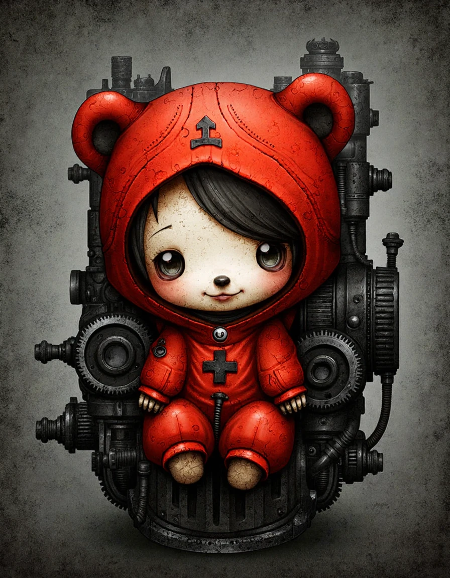 This digital artwork features a chibi-style, cute, red bear with a patchwork face, wearing a red hooded onesie with mechanical bits. The bear sits inside a complex, intricate, dark mechanical structure resembling gears and pipes. The background is a textured, grungy gray, enhancing the contrast. The bear appears serene, with closed eyes and a small, stitched smile, giving a whimsical, steampunk feel. The bear's hood has a small, black cross and a gear, adding to the mechanical theme.
 <lora:shichigoro:1.2>